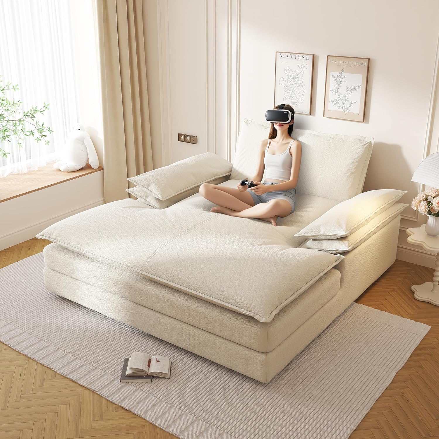 80" Modern Oversized Double Chenille Chaise Lounge, Deep Seat Reading Chair with Wide Armrests, Detachable Lazy Sofa with Large Pillows for Living Room, Beige