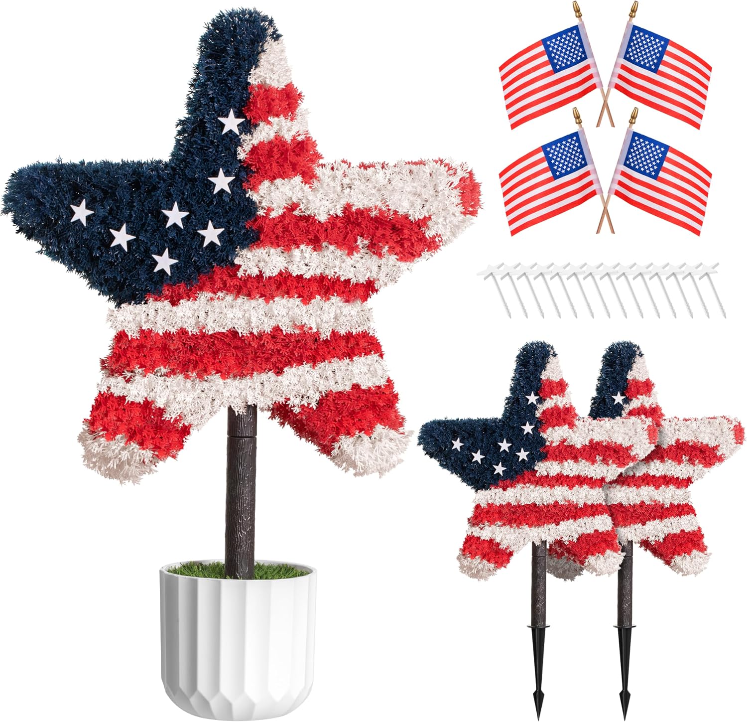 Chillchard 2 Pack 4th of July Decorations, 25.6 Inch Star Topiary Trees Artificial Outdoor with Pot & Sipke, Red White Blue Patriotic Decorations Fake Plants, Independence Day Decor for Front Porch