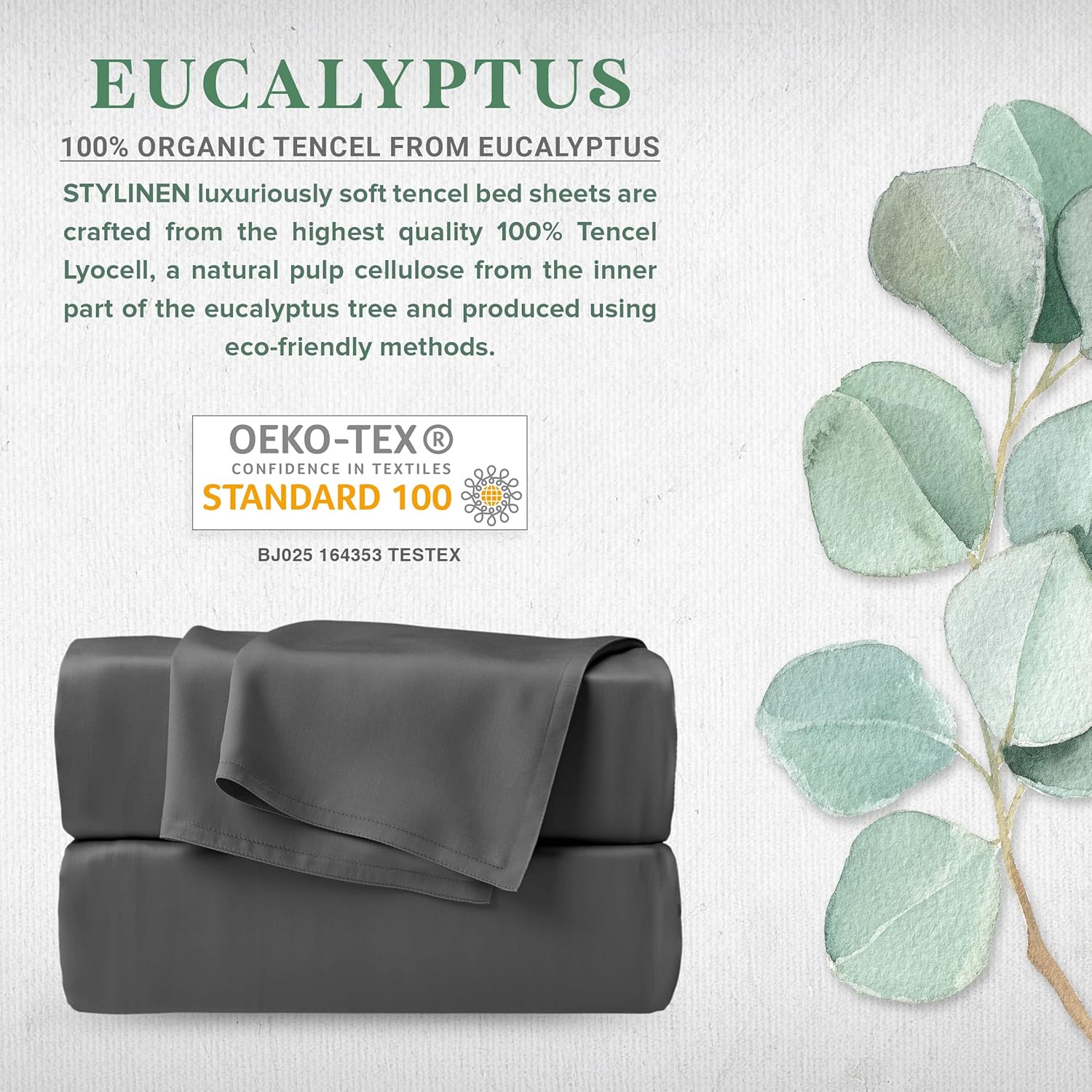 100% Organic Eucalyptus Bed Sheets King Size 4 Piece Set, Tencel Lyocell, Silky Soft & Smooth, Breathable, 16 Inch Deep Pockets, 1 Fitted, 1 Flat, 2 Pillowcases (King, Charcoal) - Image 2