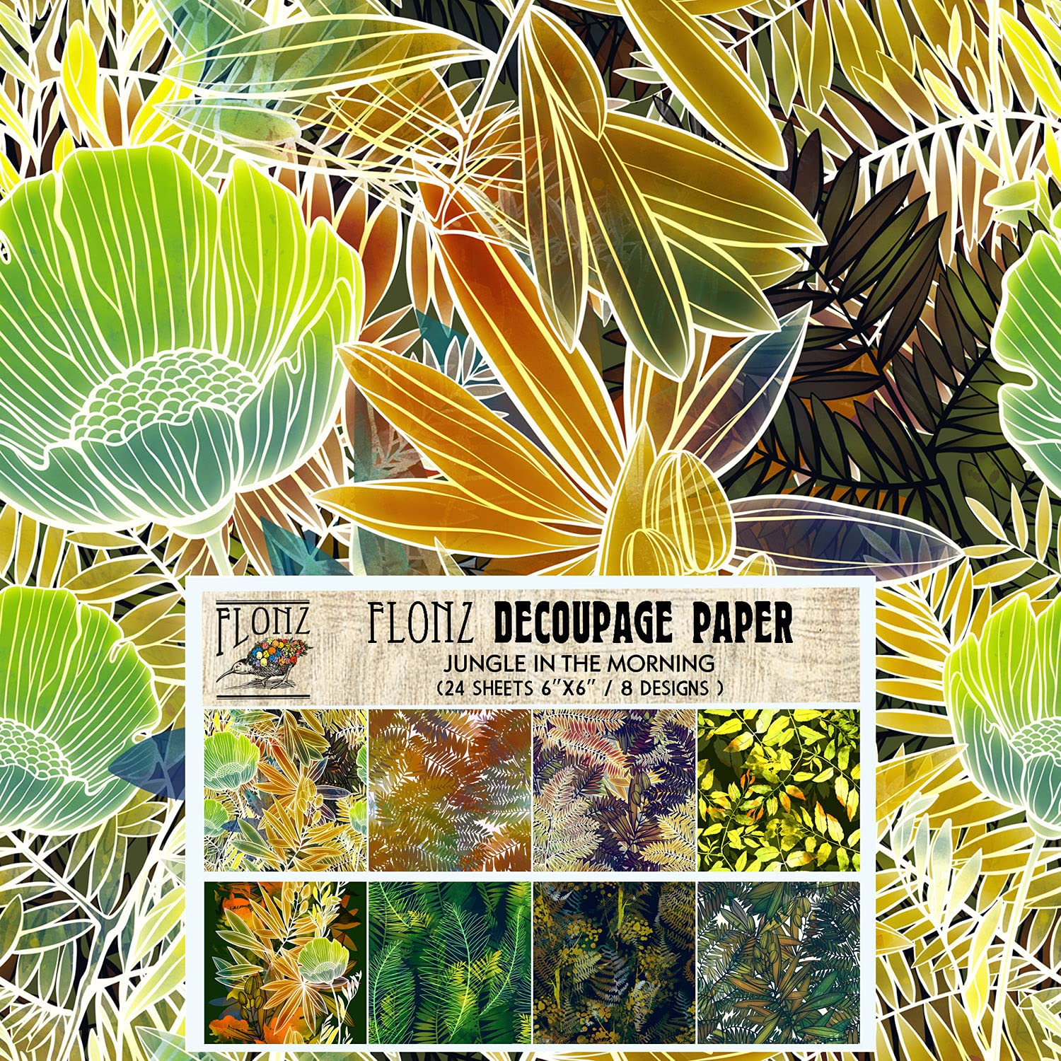 Flonz Decoupage Paper Pack (24 Sheets 6"x6") Morning in Jungle Vintage Styled Paper for Decoupage, Craft and Scrapbooking