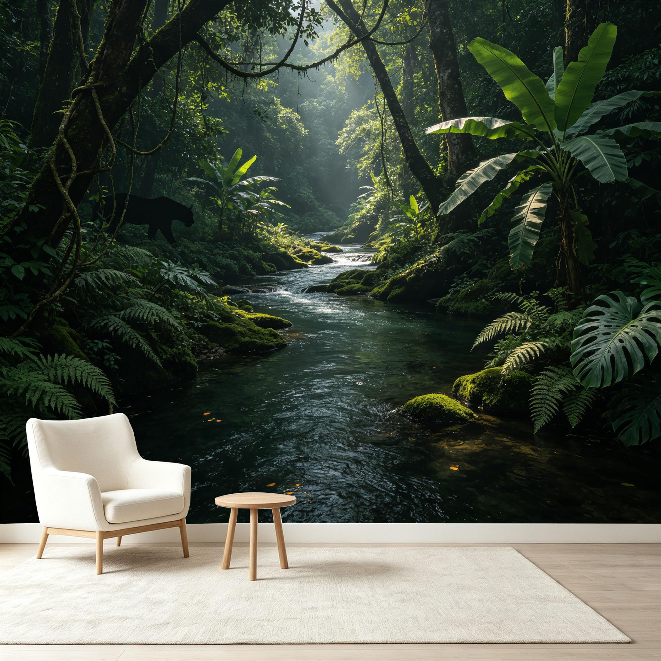 Custom Size Wall Murals Tropical Jungle River Rainforest Sunlight Botanical Self-Adhesive Wall Fabric Removable Wallpaper Wall Decor for Living Room Bedroom Bathroom
