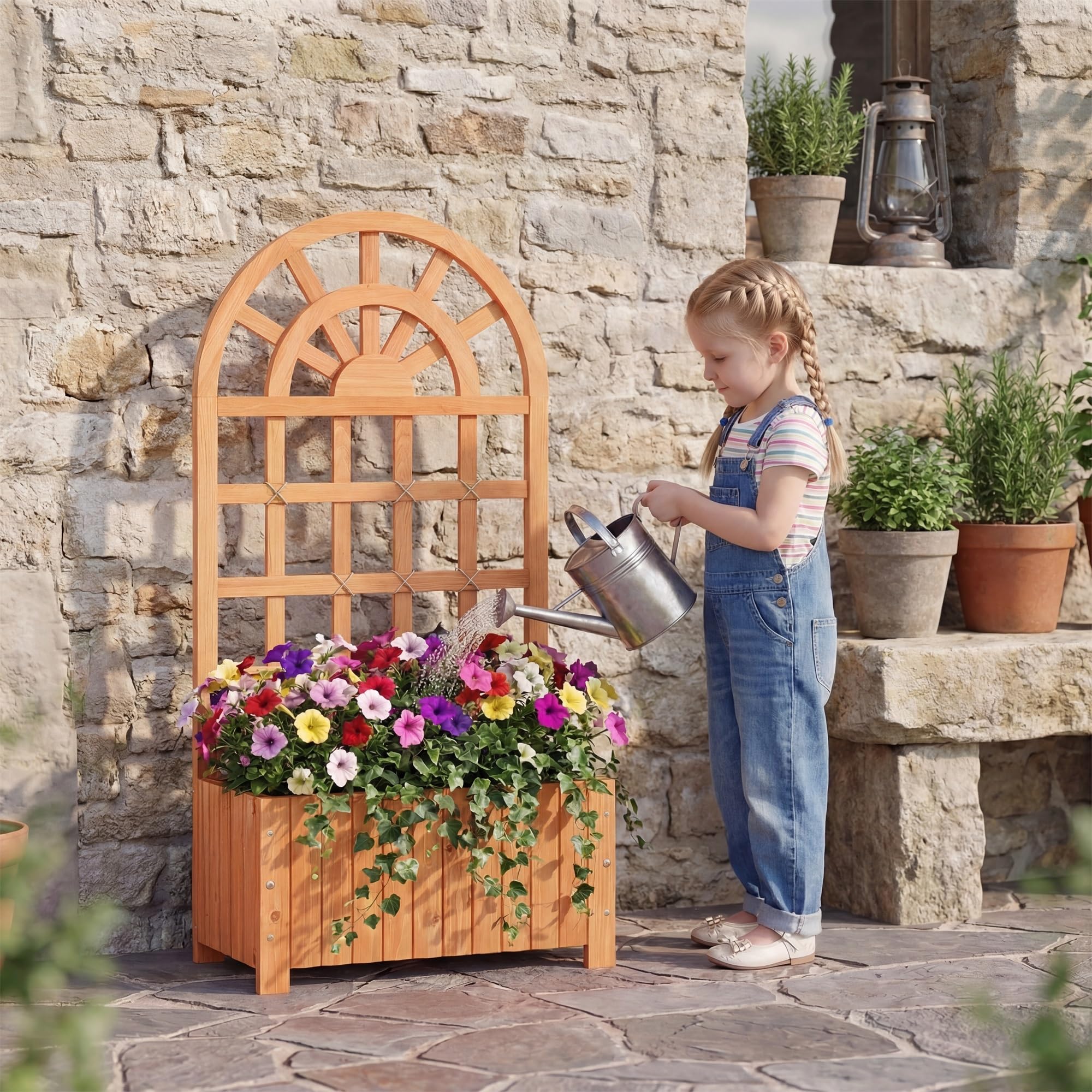 HOMASIS Jardinière avec Treillis en Bois, Carré Potager Jardinière Brise-Vue avec Trou Drainage, Lit Surélevé de Jardin, pour Plante Grimpante Vigne, Intérieur et Extérieur (Marron, 61 x 30 x 121 cm)