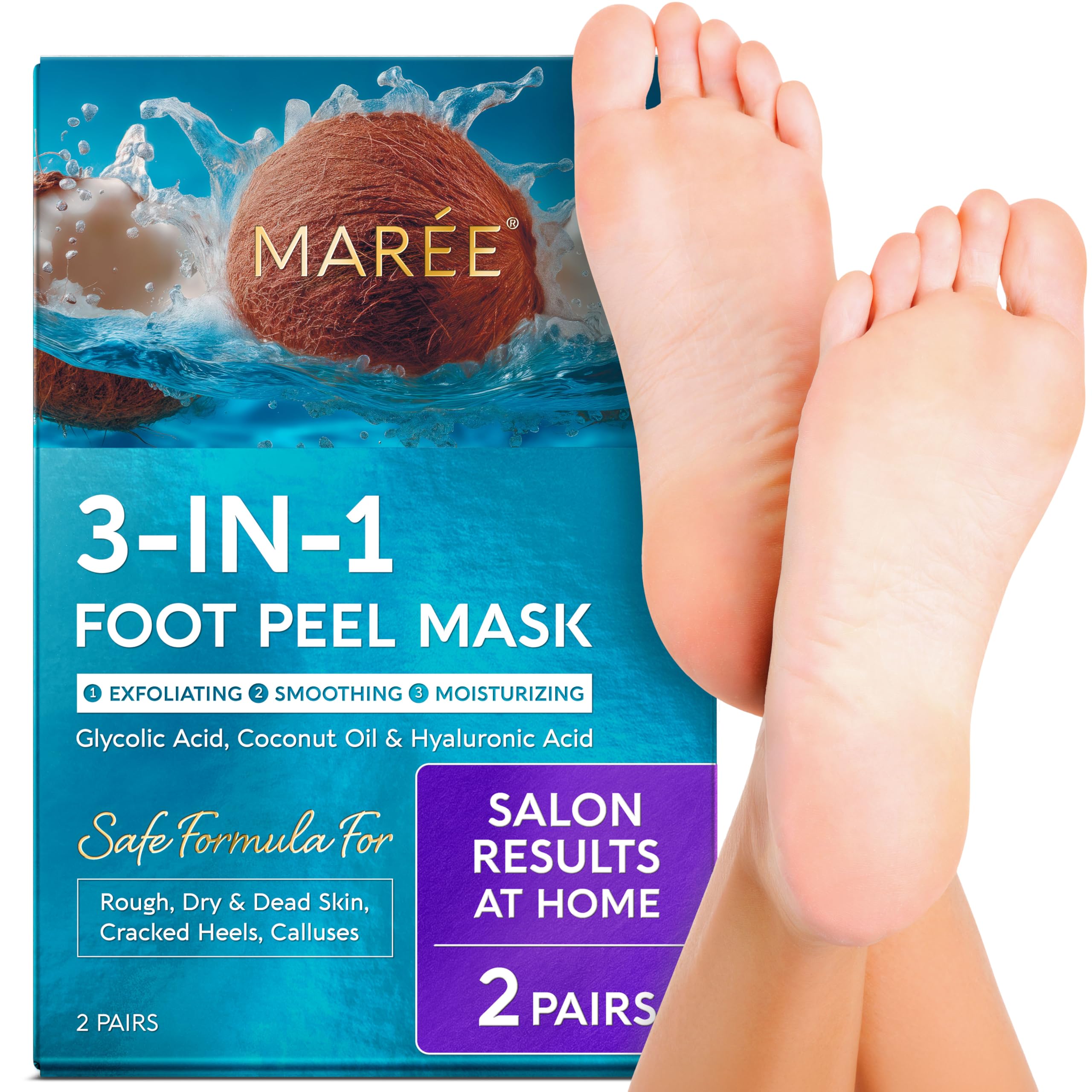 MAREE Foot Peeling Mask – 3-in-1 Foot Mask for Dry Cracked Feet, Callus Remover – Dead Skin Exfoliating Foot Peel Mask with Glycolic Acid –