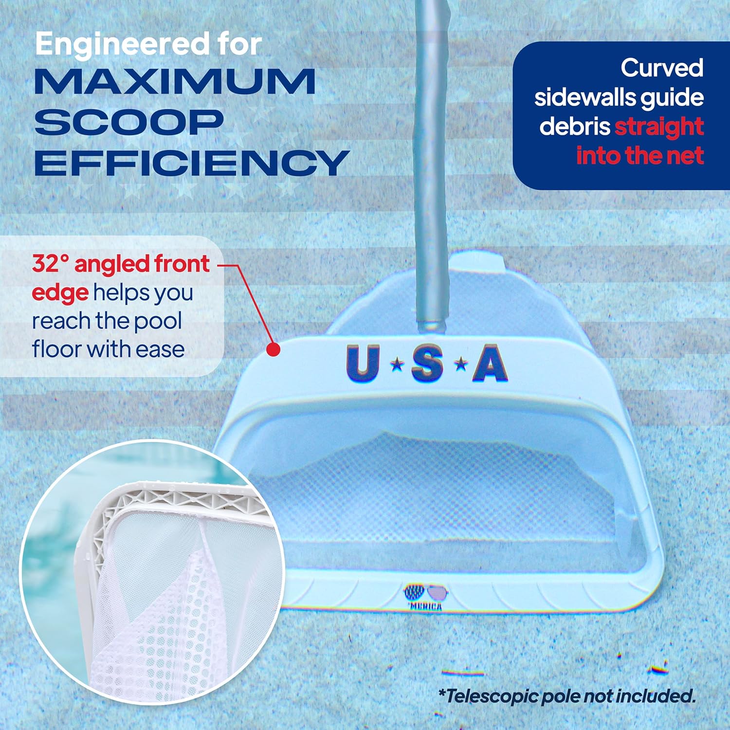The Skimmie Limited Edition USA White Pool Skimmer Net – Clean Patriotic Leaf Rake with Deep Fine Mesh Bag, Drag Net & Angled Scoop – 17.5” Wide Heavy-Duty Pool Tool - Pole NOT Included