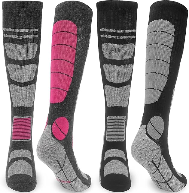 Merino Wool Knee High Thermal Ski Socks for Women Men 4-9, Mens Womens Long Thick Winter Warm Black Football Sports Socks Anti Blister Cushioned Snowboarding Mountaineering Hiking Boot Socks 2 Pairs