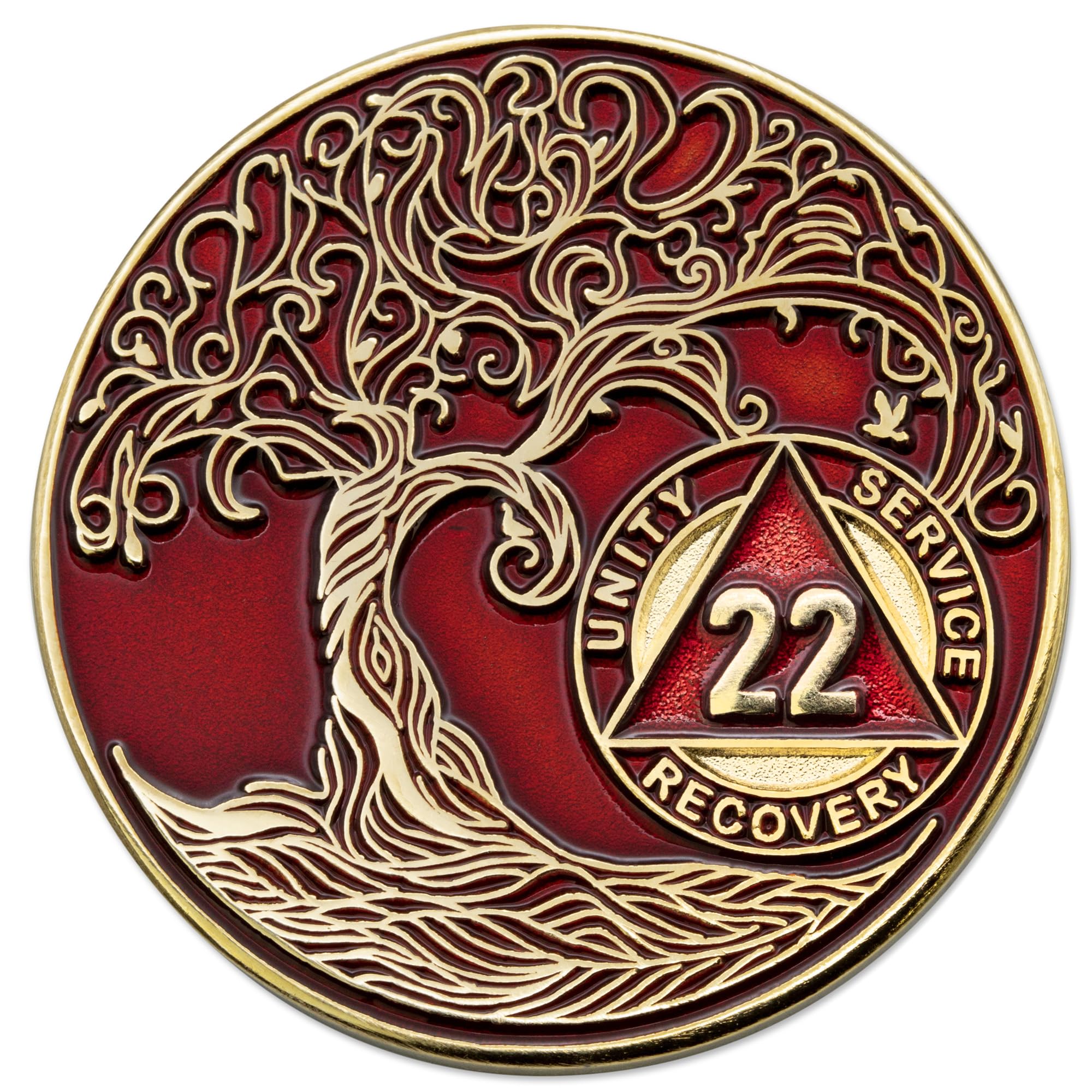 1 to 50 Year Twisted Tree of Life Sobriety Coin - Gold Plated AA Chips &amp; Medallions - 22 Year Sobriety Coin - Red