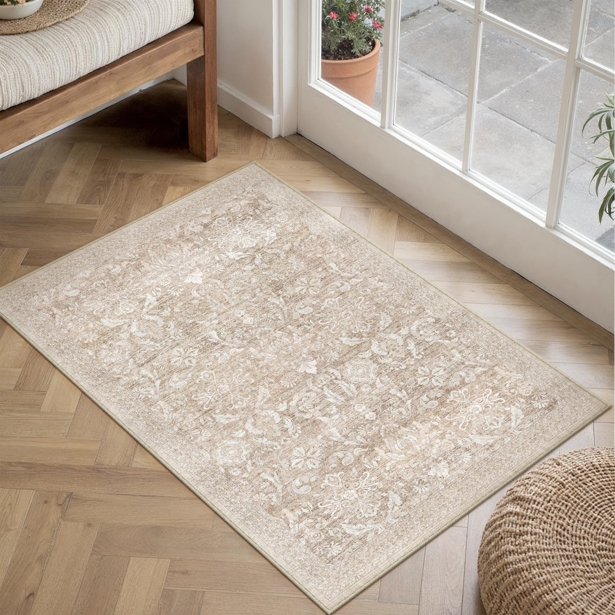 PureCozy 8x10 Area Rug Machine Washable Living Room Bedroom Vintage Distressed Non Slip Carpet Indoor Large Low Plie Thin Beige Dining Room Office Retro Accent Throw Rug: 2' x 3' (Rectangular) Vintage | Beige