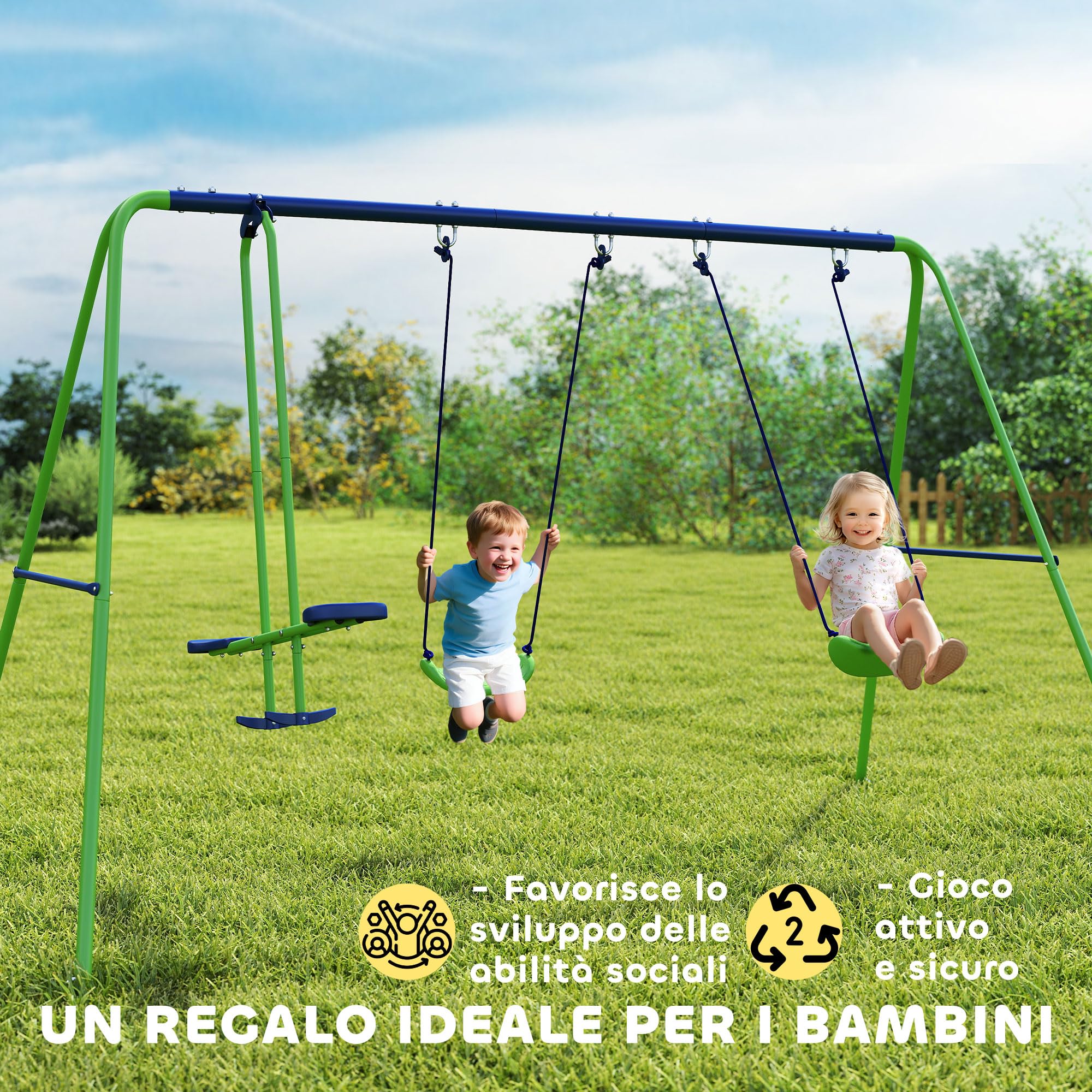 Outsunny Set Altalene da Giardino per 4 Bambini, 1 Altalena Doppia e 2 Altalene Singole, Capacità di peso 45kg (Altalena) 180kg (Totale), 280x140x178cm
