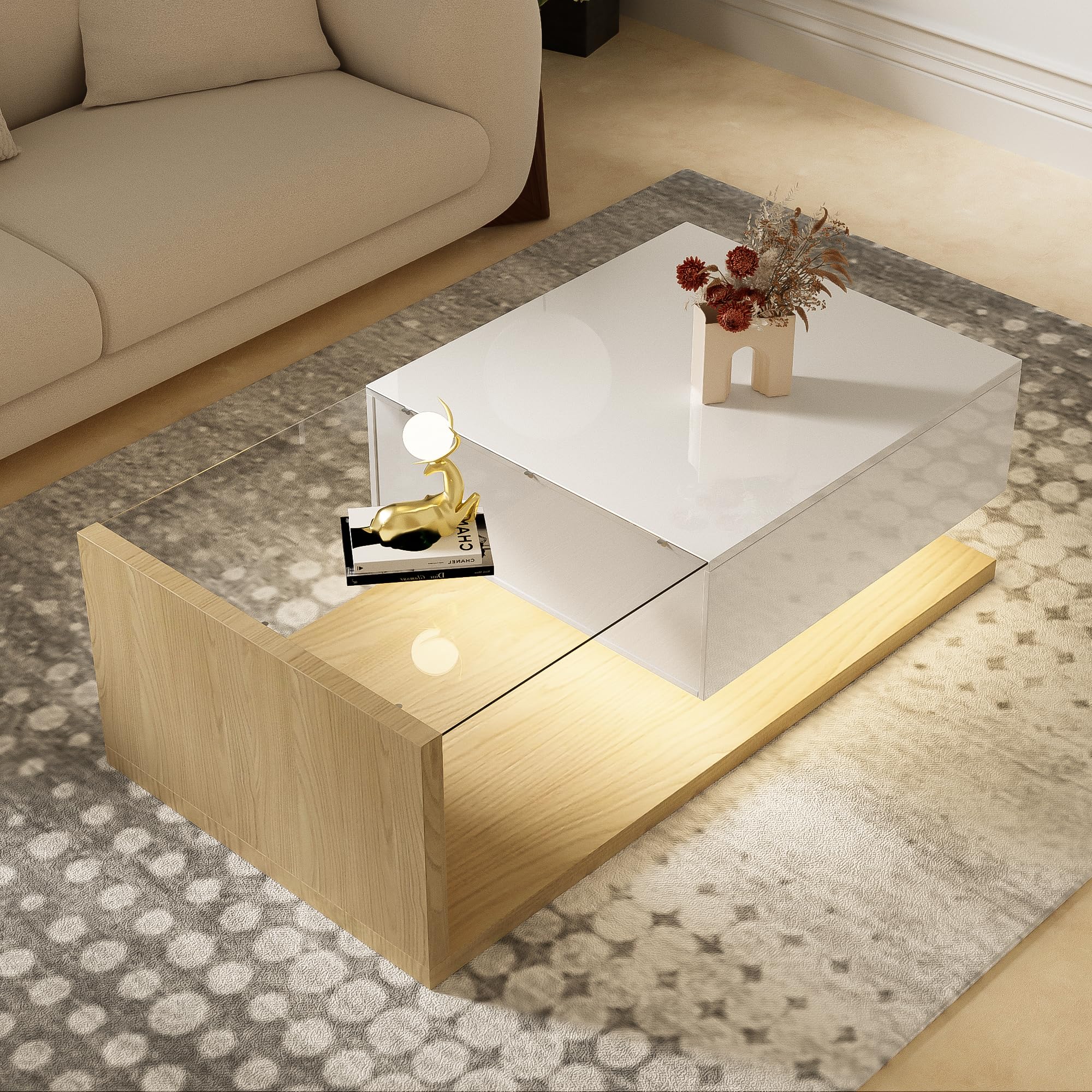 Mesa de centro de 105 x 55 x 32,5 cm, mesa auxiliar, mesa de café en color blanco brillante y combinación de colores de madera, mesas de centro con cristal y efecto LED para salón (blanco y