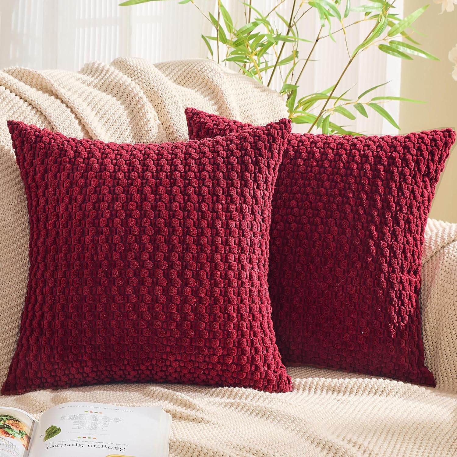 GAWAMAY Decorative Throw Pillow Covers 26x26 Inch Set of 2 for Living Room Couch Bed Sofa, Farmhouse Square Cushion Cover Soft Striped Corduroy Pillow Cases Boho Accent Home Decor (66x66cm) Dark Red