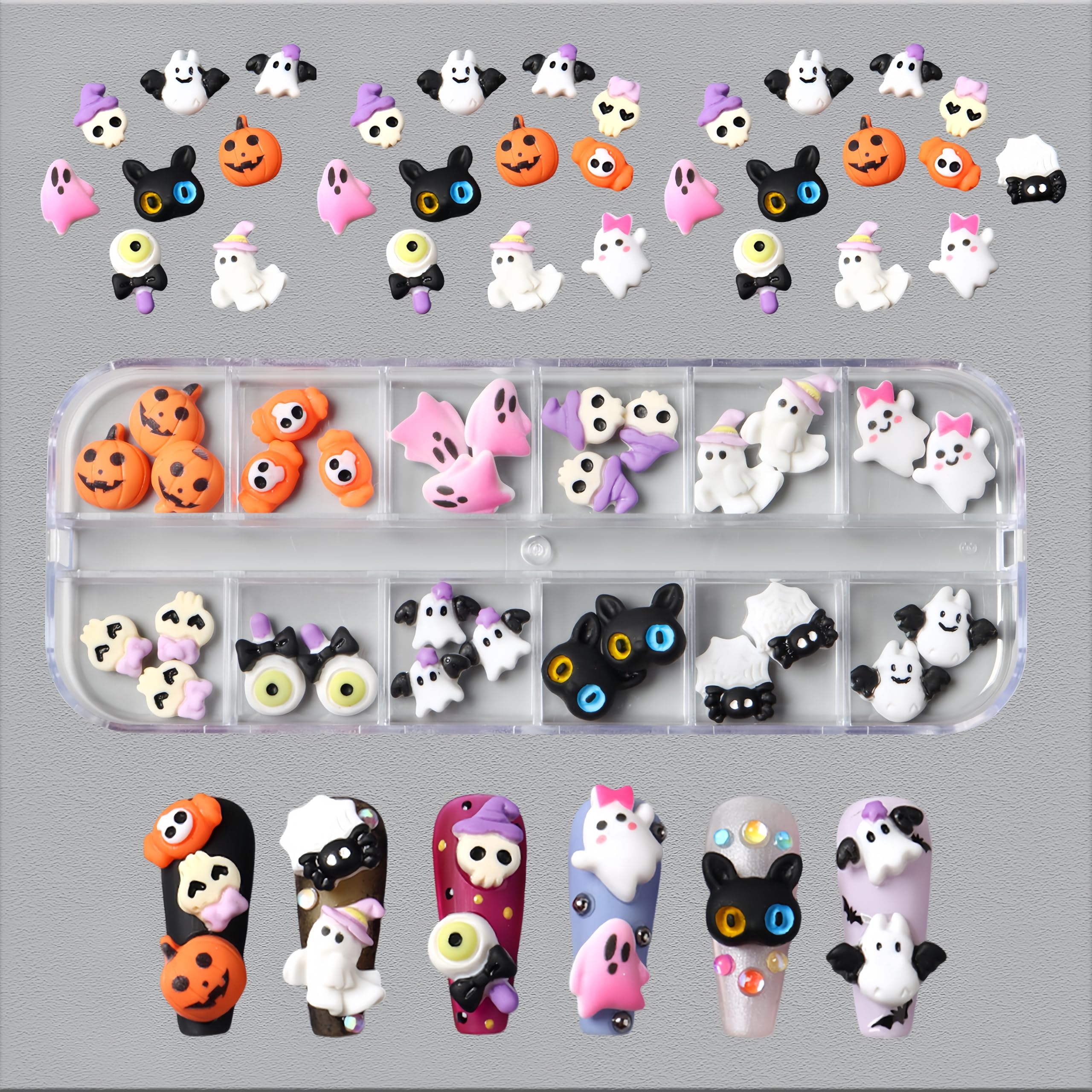 12 Grids Halloween Spider Nail Charms Resin Cute Pumpkin Ghost Nail Rhinestones Scary Cat Skull Design Nail Art Charms Acrylic Nail Art Accessories