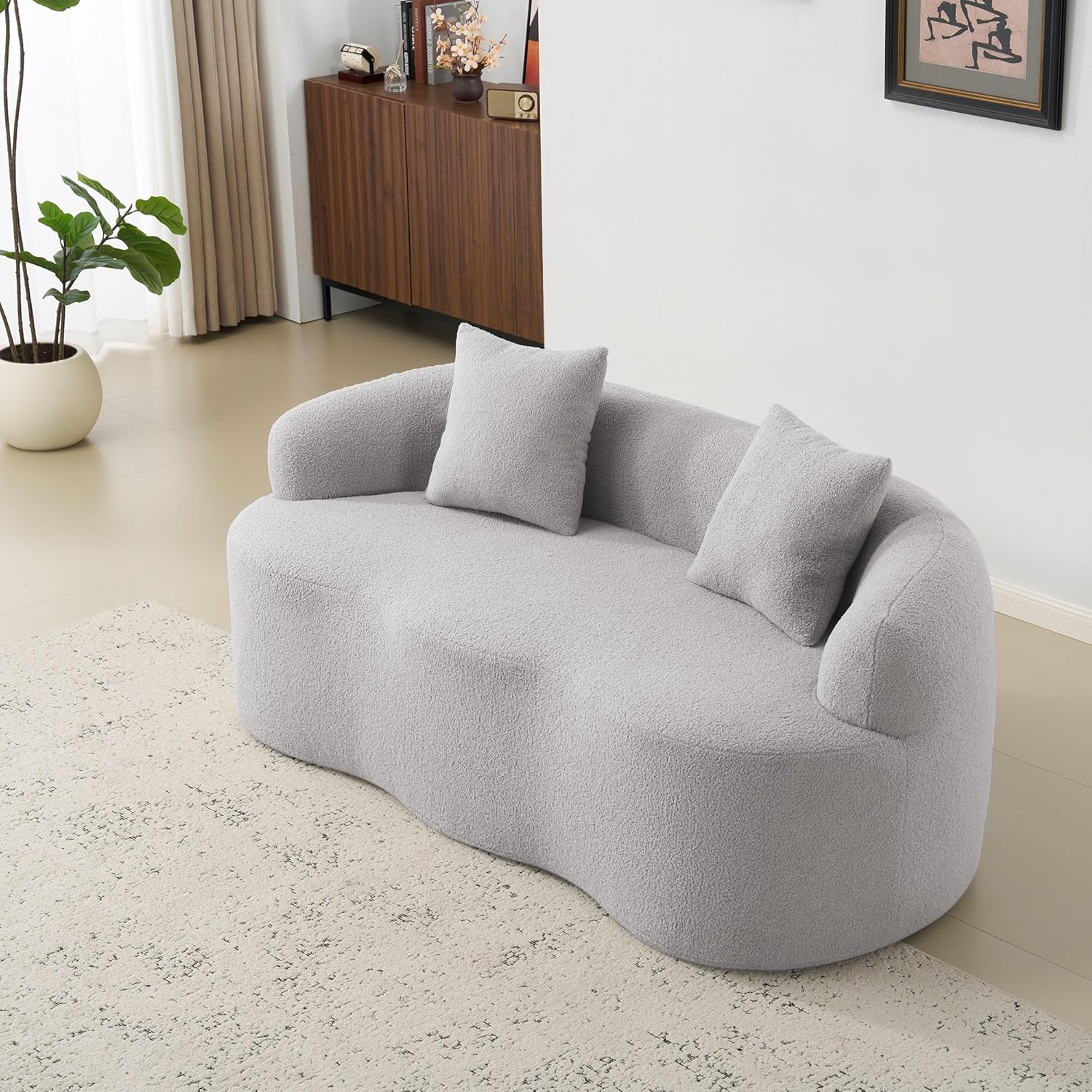Aoowow 69.63" Curved Loveseat Sofa, Modern Minimalist Sofa Comfy Cloud Deep Seat 2 Seater Sofa with 2 Pillows, Compression Couch with Round Armrest for Living Room Small Space, Grey