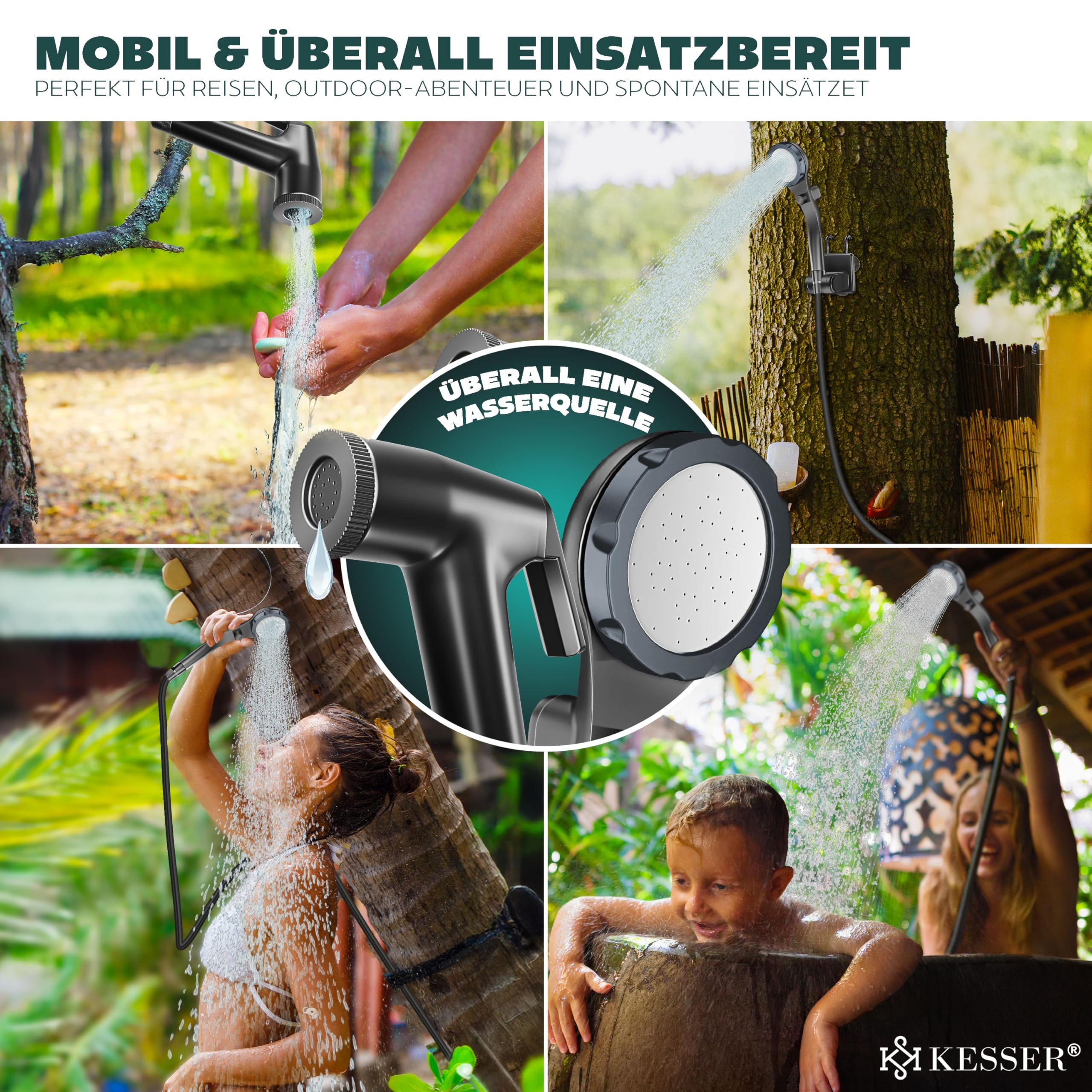 KESSER® Doccia solare da campeggio con pompa e batteria ricaricabile da 4000 mAh, set doccia da campeggio con soffione doccia regolabile, tubo da 2 m, pistola a spruzzo e supporto