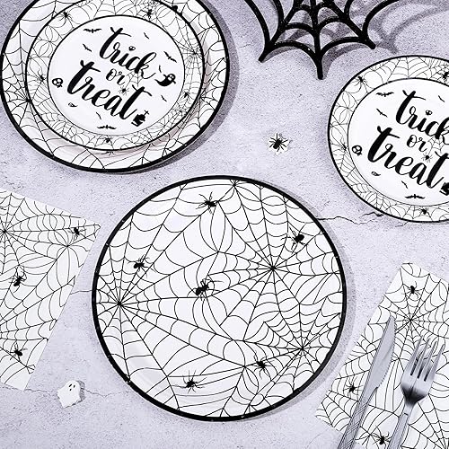 Miniatura 3 de Whaline Platos y servilletas de Halloween, 40 platos de papel de telaraña y 20 servilletas de almuerzo, juego de vajilla desechable para decoración