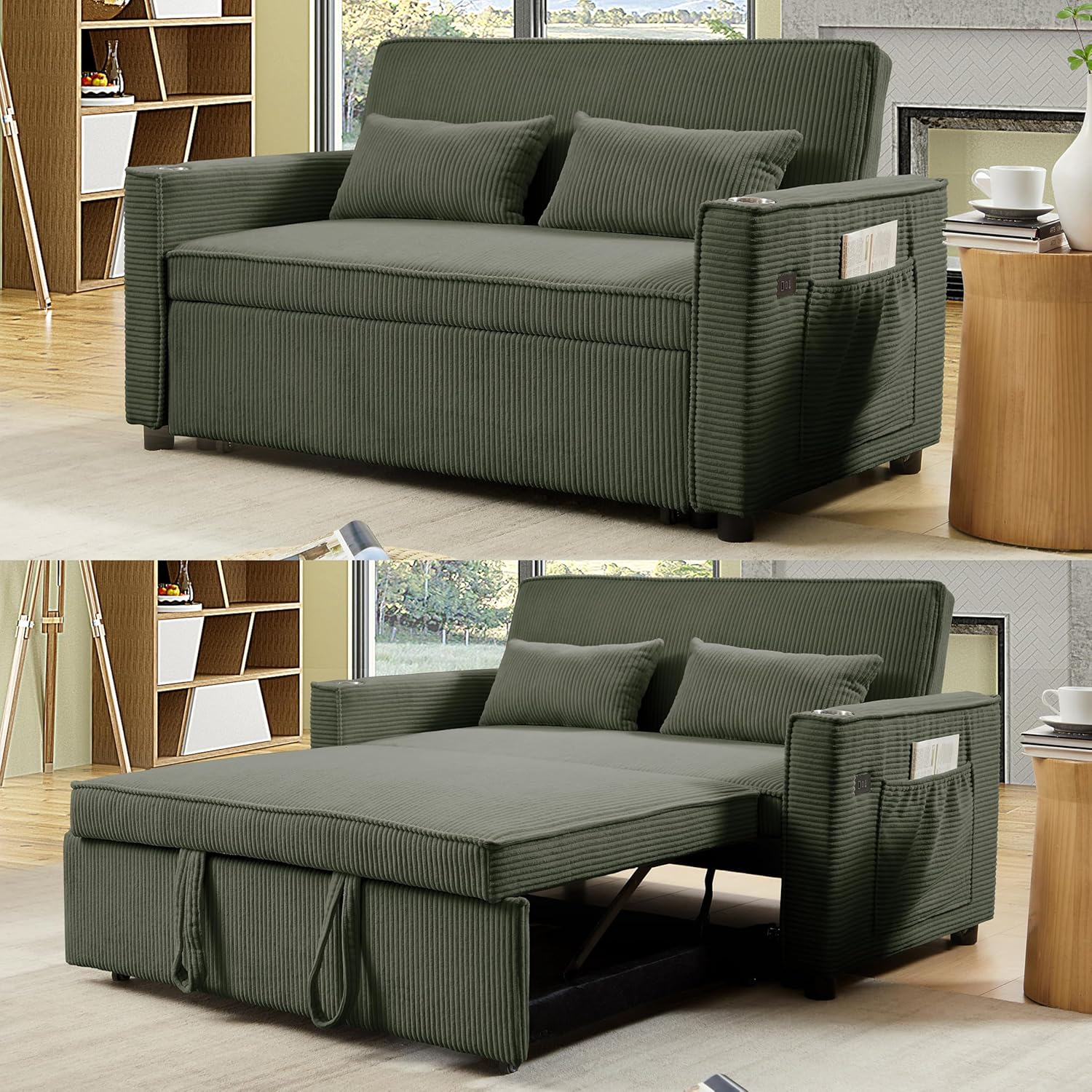 Convertible Sleeper Sofa with Pull-Out Bed , 3-in-1 Futon Loveseat Chaise Lounge Sofabed with Reclining Backrest and Cupholders , Corduroy Upholstered Recliner Daybed Pullout Couch Bed with USB Ports - Amazon product rated Grade B