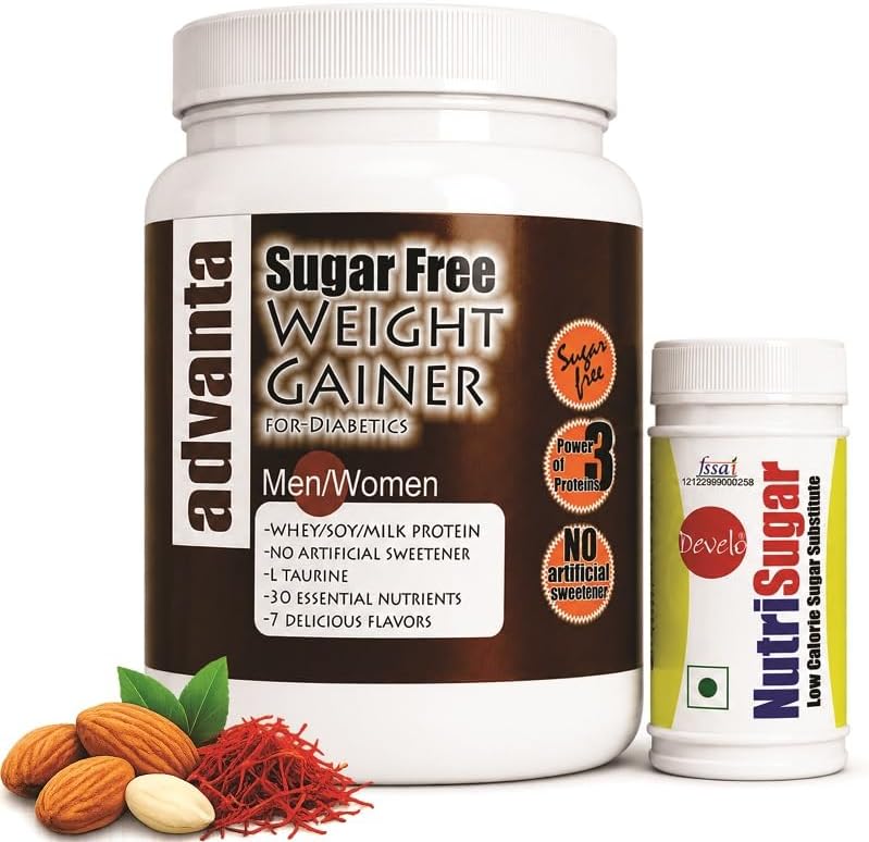 Advanta Sugar Free Weight Gainer Protein for Diabetics 1 kg (Kesar Badam) + Nutrisugar 75 gm Powder