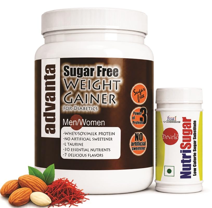 [BRSROGT6CMPBE2YV] Advanta Sugar Free Weight Gainer Protein for Diabetics 1 kg (Kesar Badam) + Nutrisugar 75 gm Powder