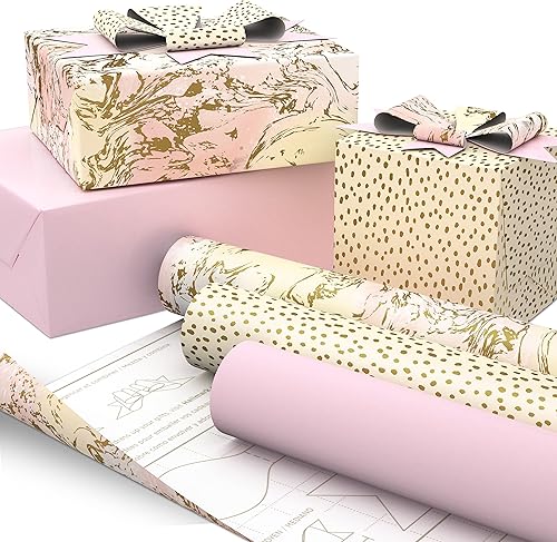 Miniatura 8 de Hallmark Paquete de papel de regalo pastel con líneas de corte en el reverso (6 rollos 130 pies cuadrados en total) rosa, dorado, azul para