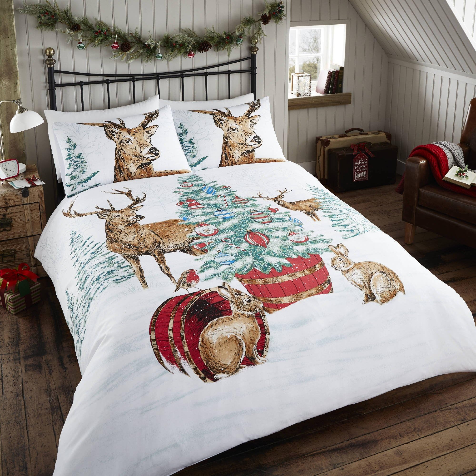 Happy Linen Company Christmas Tree Festive Stag Woodland Animals Duvet Cover Bedding Set Single