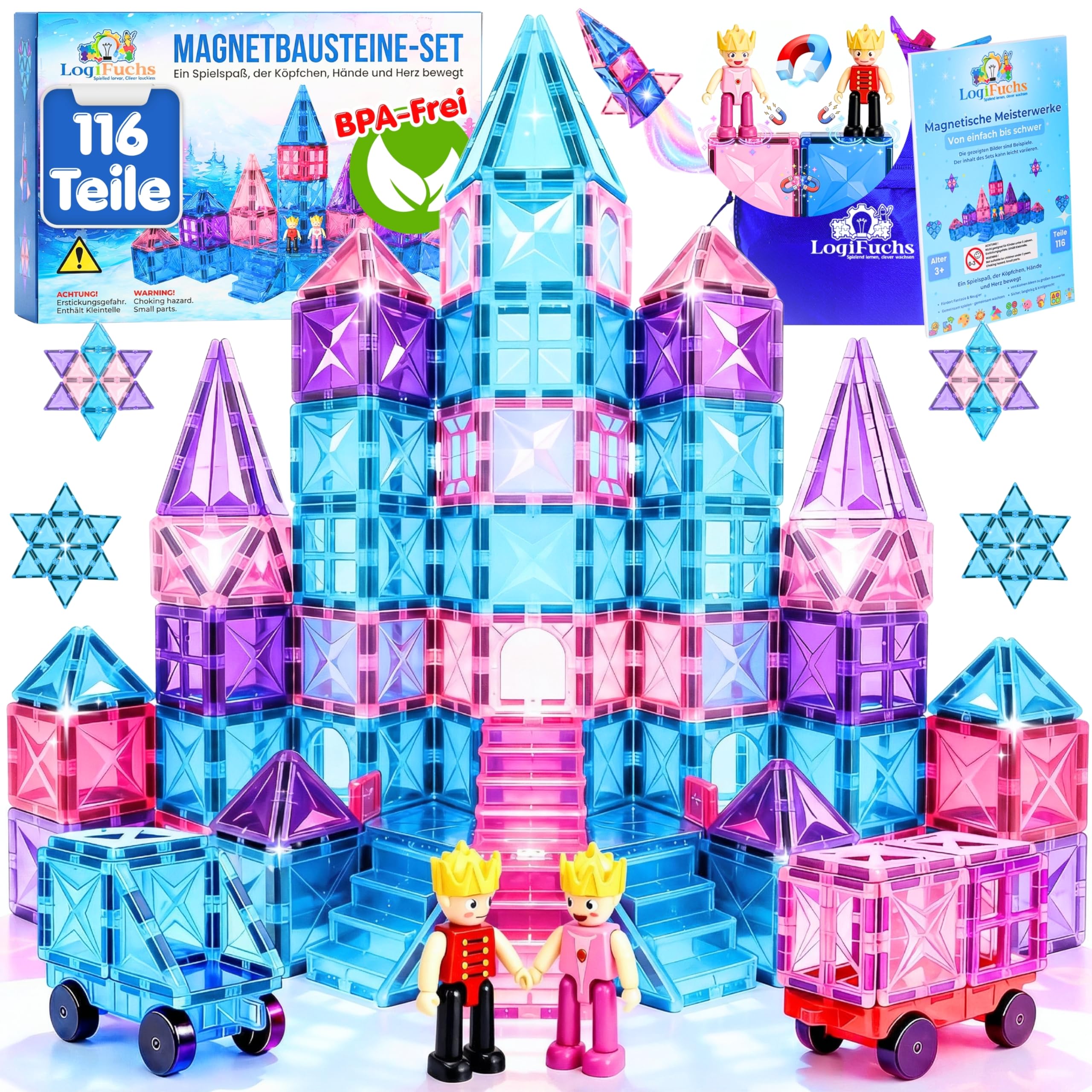 LogiFuchs Magnetische Bausteine 116 Teile inkl. 2 Autos, Montessori Sensorik Spielzeug ab 3 Jahre, Magnetbausteine Lernspielzeug, Geschenk für Jungen & Mädchen