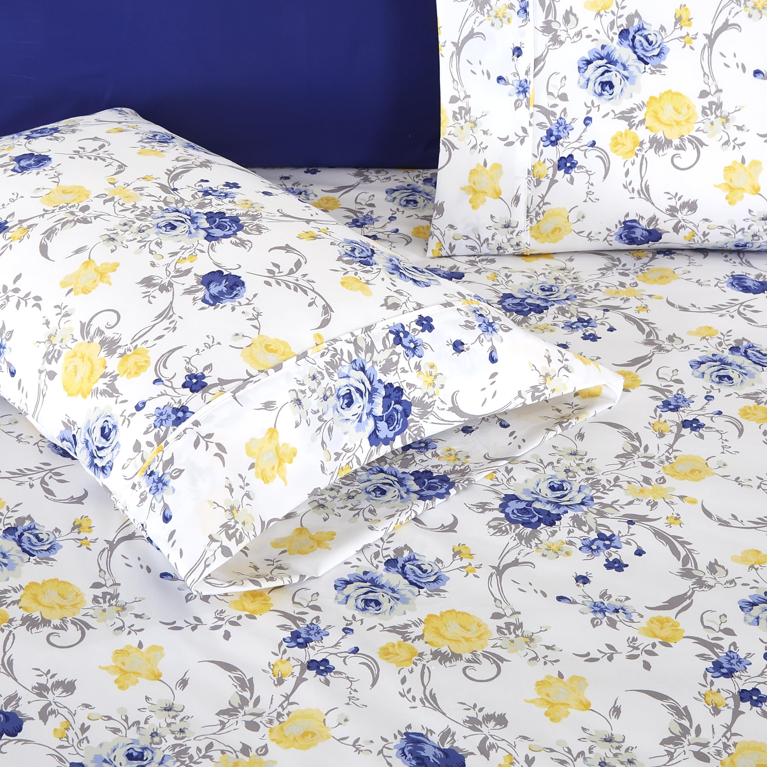 Elegant Comfort Delikatny i przytulny 4–częściowy zestaw pościeli – splot 1500, mikrofibra, jakość hotelowa, obszerne rogi, niegniotąca, twin, w kwiaty, granatowo–żółty, biały (jenna gold)