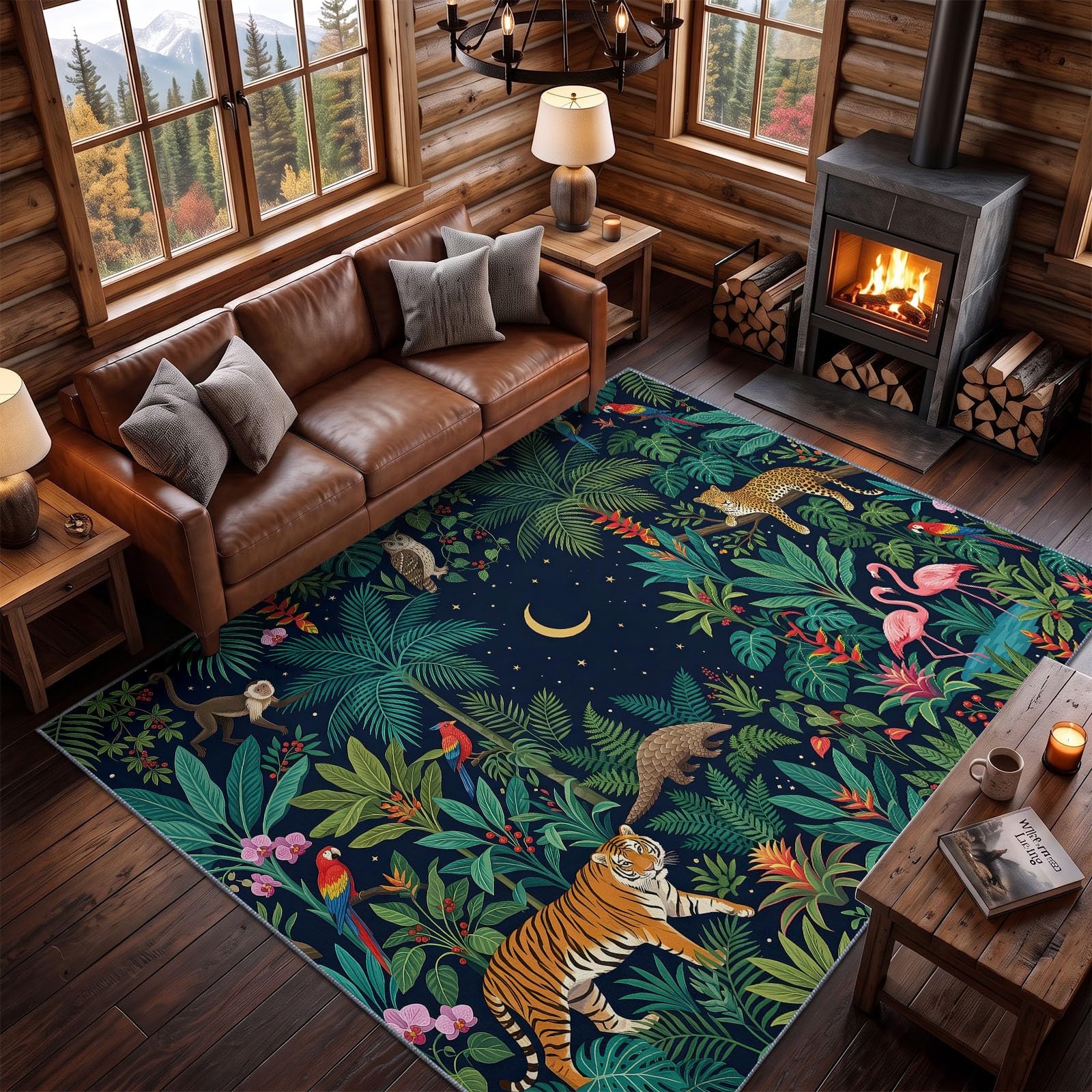 Tapis Vert Luxe Plante Animal Tigre, 140 x 200 cm Vintage Bohème Tapis Salon Lavable Dos en Caoutchouc Antidérapant, pour Chambre à Coucher Cuisine Salle à Manger