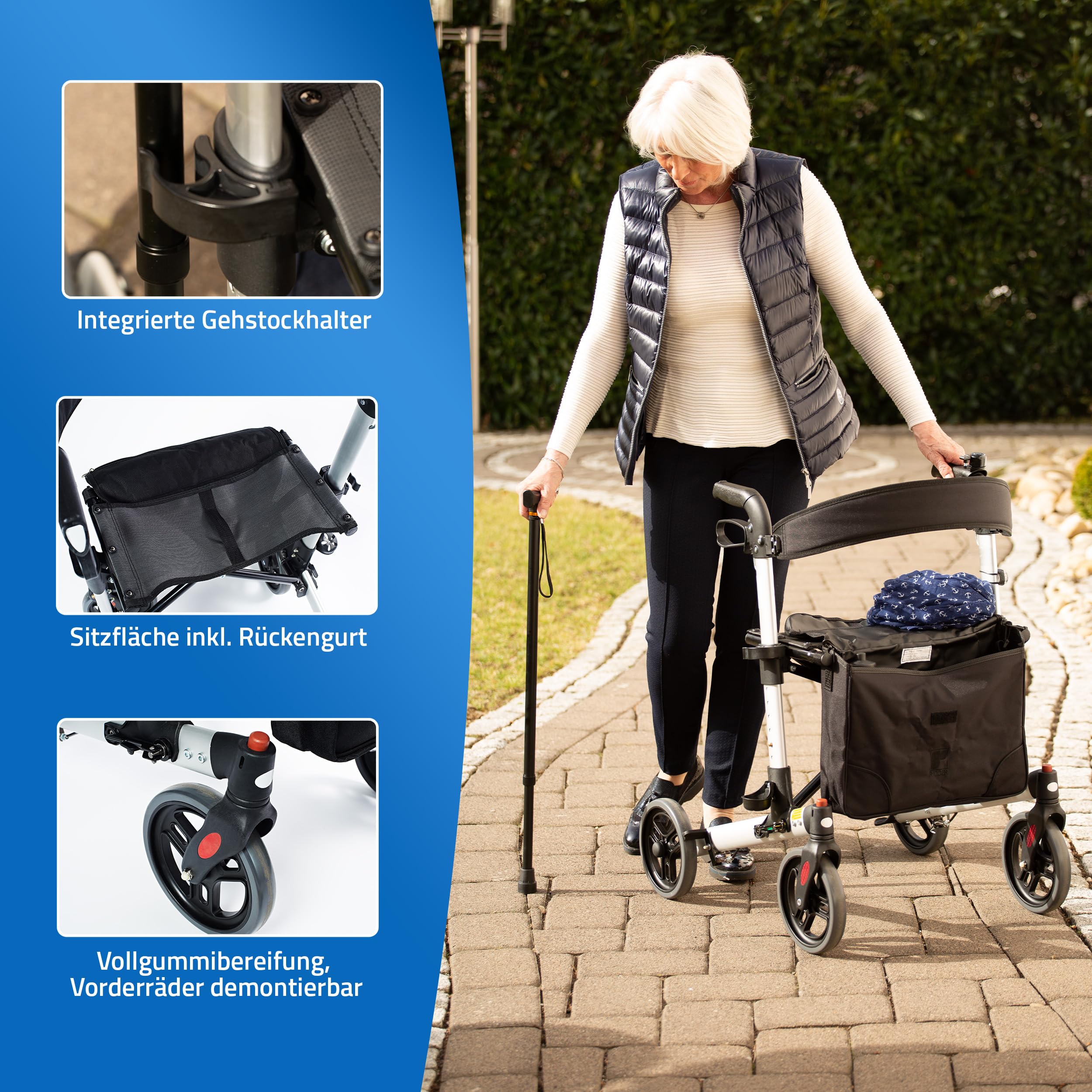 RIDDER – Rollator Mio | Faltbarer Gehwagen mit höhenverstellbaren Griffen, breitem Sitz & Rückengurt. Gehhilfe mit Abnehmbarer Einkaufstasche & Gehstockhalter | Belastbar bis 136kg