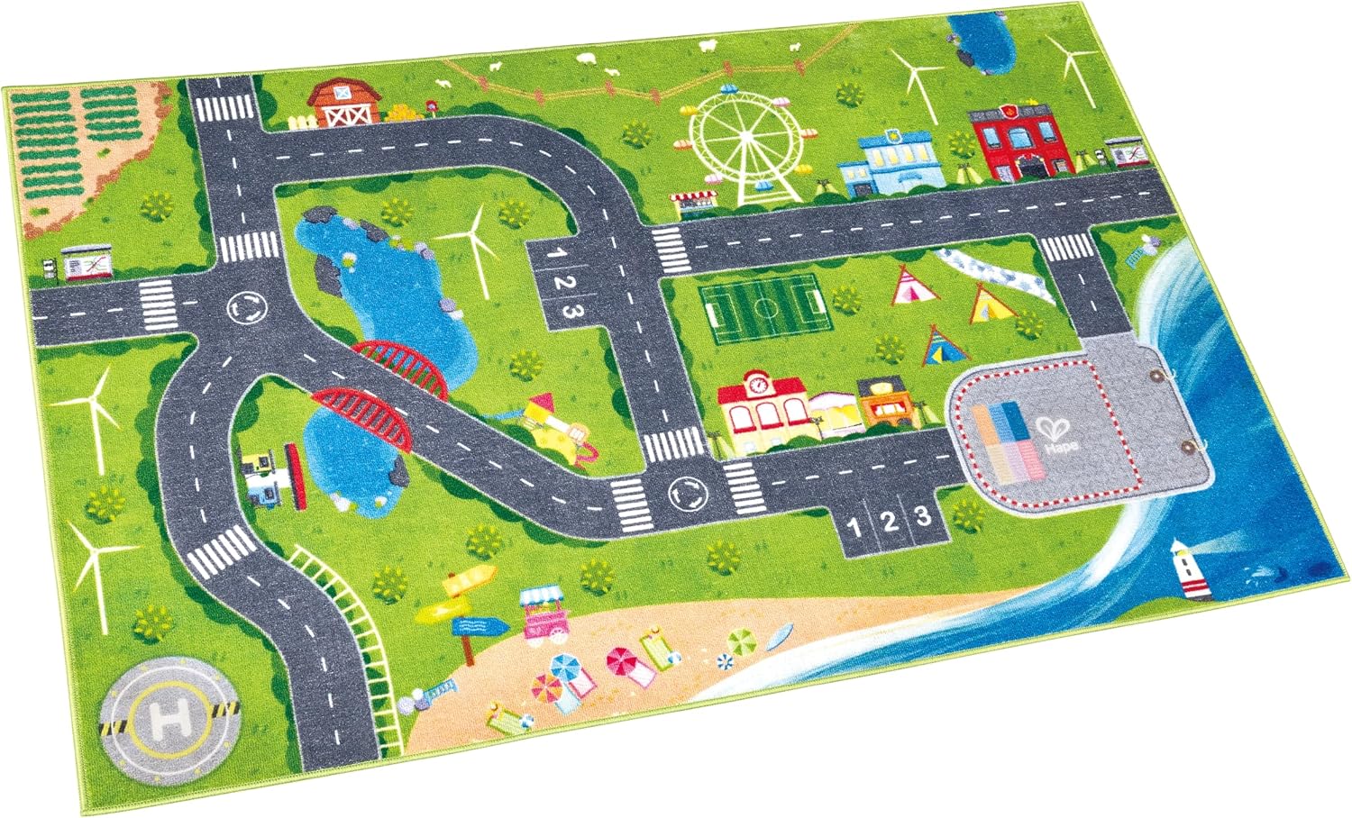Hape Railworld Discovery Mat – Large 59" x 37" Kids’ Play Rug with Anti-Slip Backing – Town, Farm & Harbour Scenes – Compatible with Major Wooden Railway Brands – Machine Washable Play Mat for Ages 3+