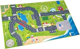 Hape Railworld 디스커버리 매트 - 대형 149.9 x 94cm(59 x 37인치) 아동용 놀이 러그, 미끄럼 방지 뒷면, 마을, 농장 및 항구 장면 - 주요 목재 철도 브랜드와 호환 - 세탁기 세탁 가능한 플레이 매트 만 3세 이상