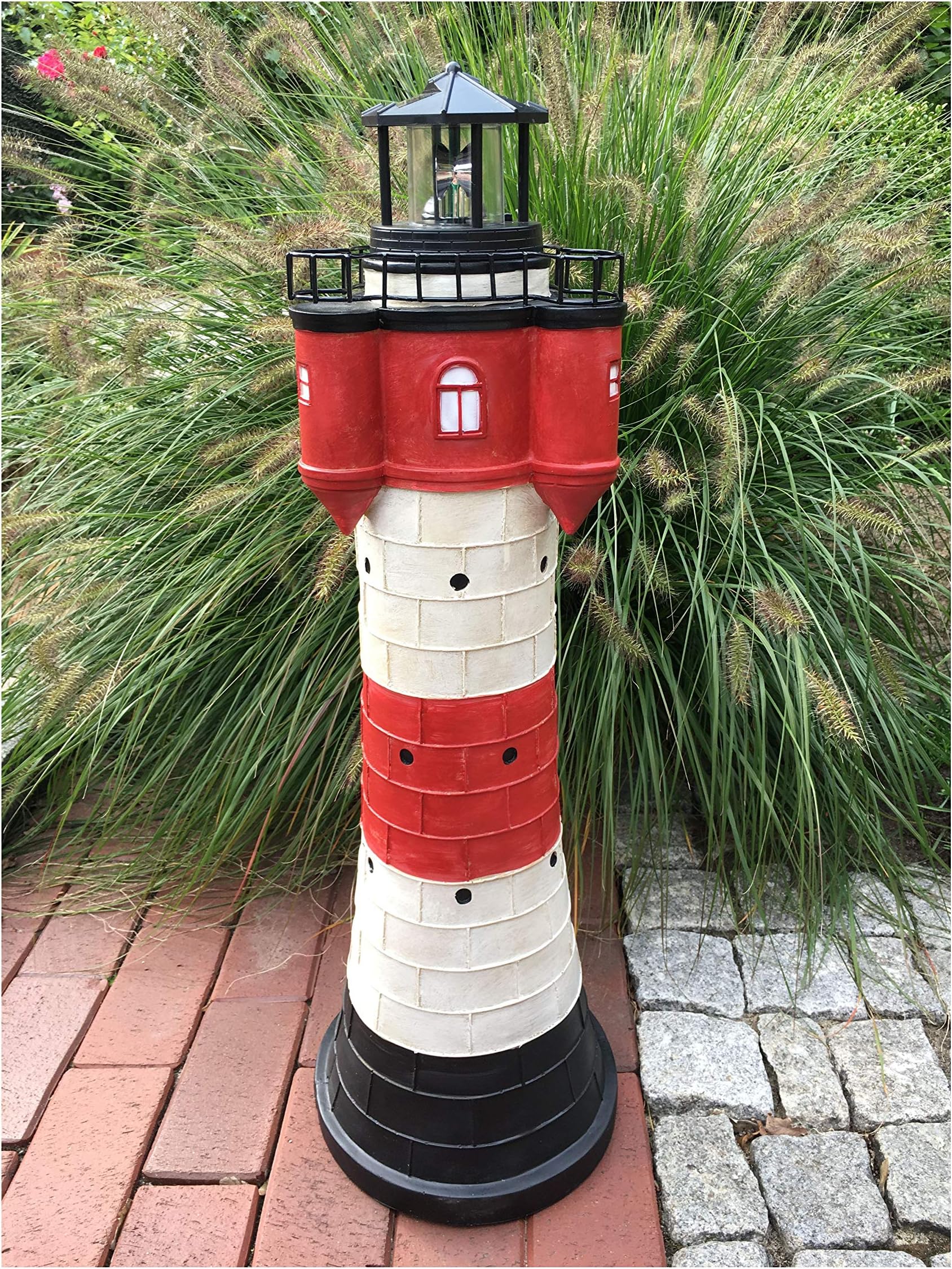 Garden decorative figure, solar lighthouse with LED Lighting, 80 cm, with red sand, carefully hand-crafted decoration for garden, terrace and balcony