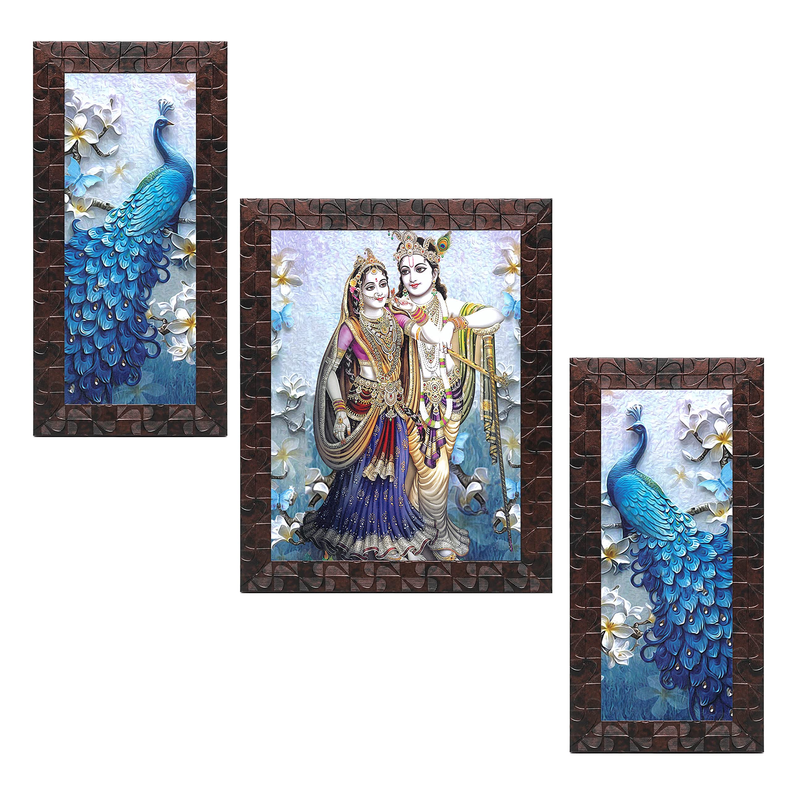Indianara Set of 3 Radha Krishna with Peacocks Framed Art Painting (4141GBNN) without glass 6 X 13, 10.2 X 13, 6 X 13 INCH