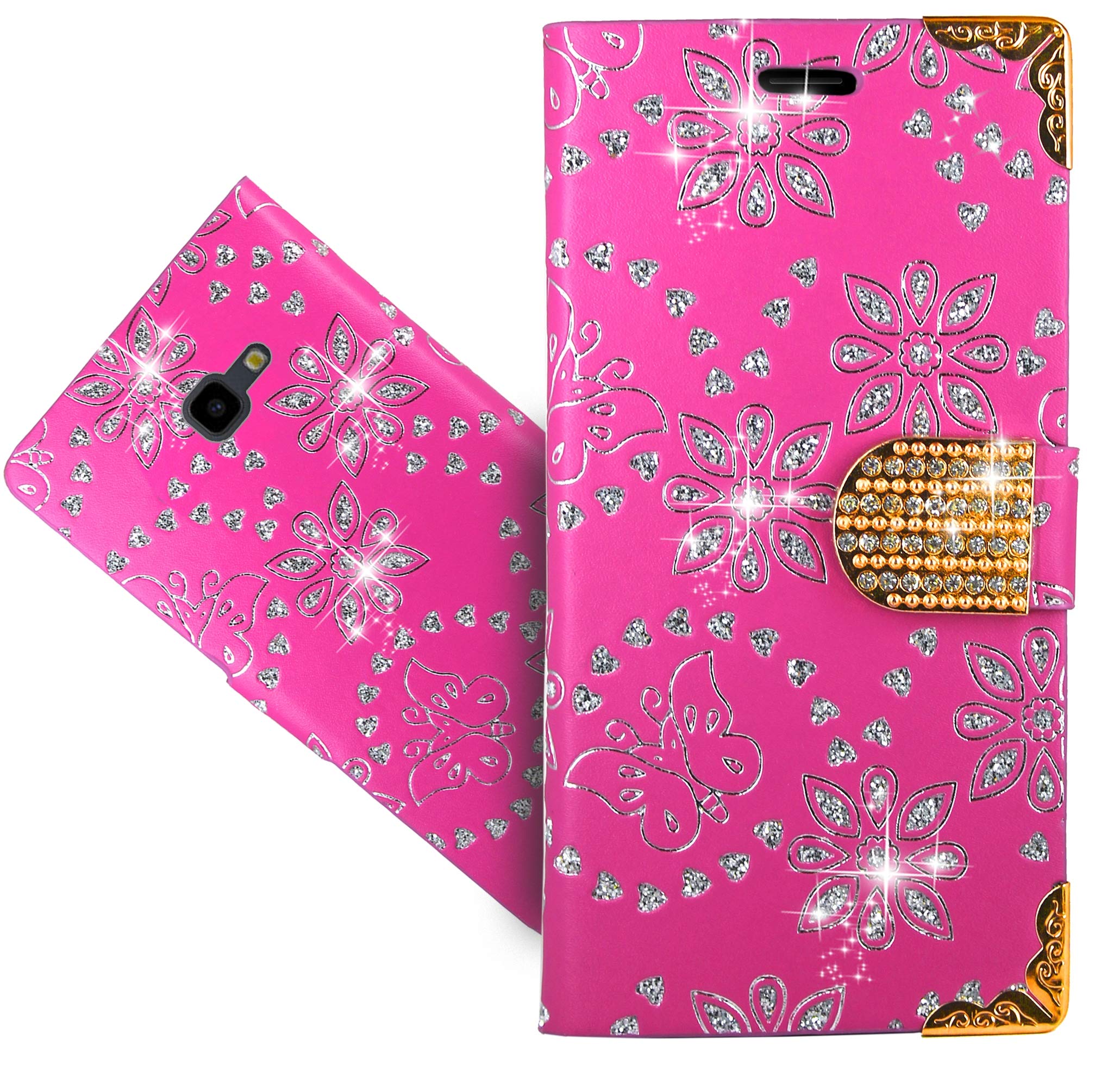 Samsung Galaxy J4+ / J4 Plus Case, CaseExpert Bling Diamond Flowers Leather Kickstand Flip Wallet Bag Case Cover for Samsung Galaxy J4+ / J4 Plus