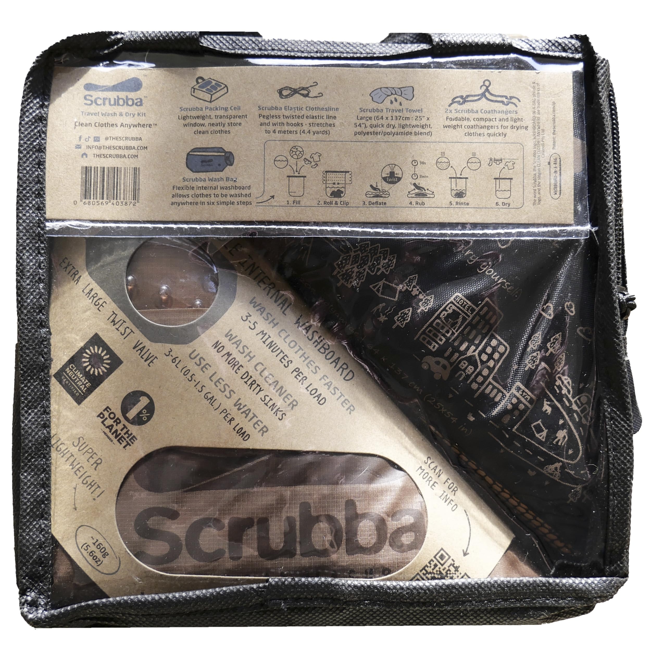 Scrubba TACTICAL Kit de Lavage & Séchage – Machine à laver portable robuste avec serviette XL, corde à linge & cintres – Léger & essentiel pour camping, randonnées, voyages