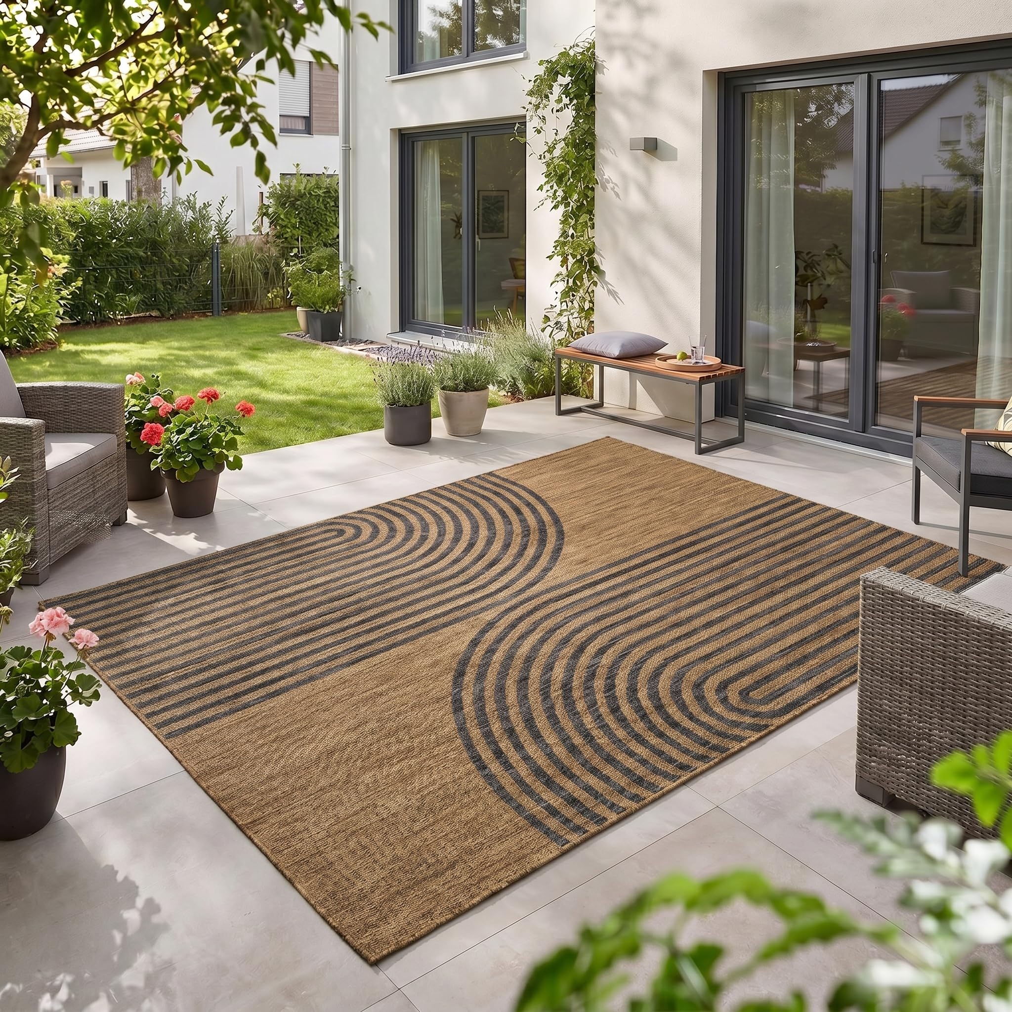 Teppium Outdoor Teppich Beige Balkon Terrasse Garten Wetterfest UV-beständig Teppich Einfarbig Flachgewebe Pflegeleicht Robust Modern