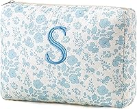 HBselect Initial Quilted Cotton Makeup Bag - Large Travel Cosmetic Toiletry Bag with Cute Floral Coquette Design for Women & Girls