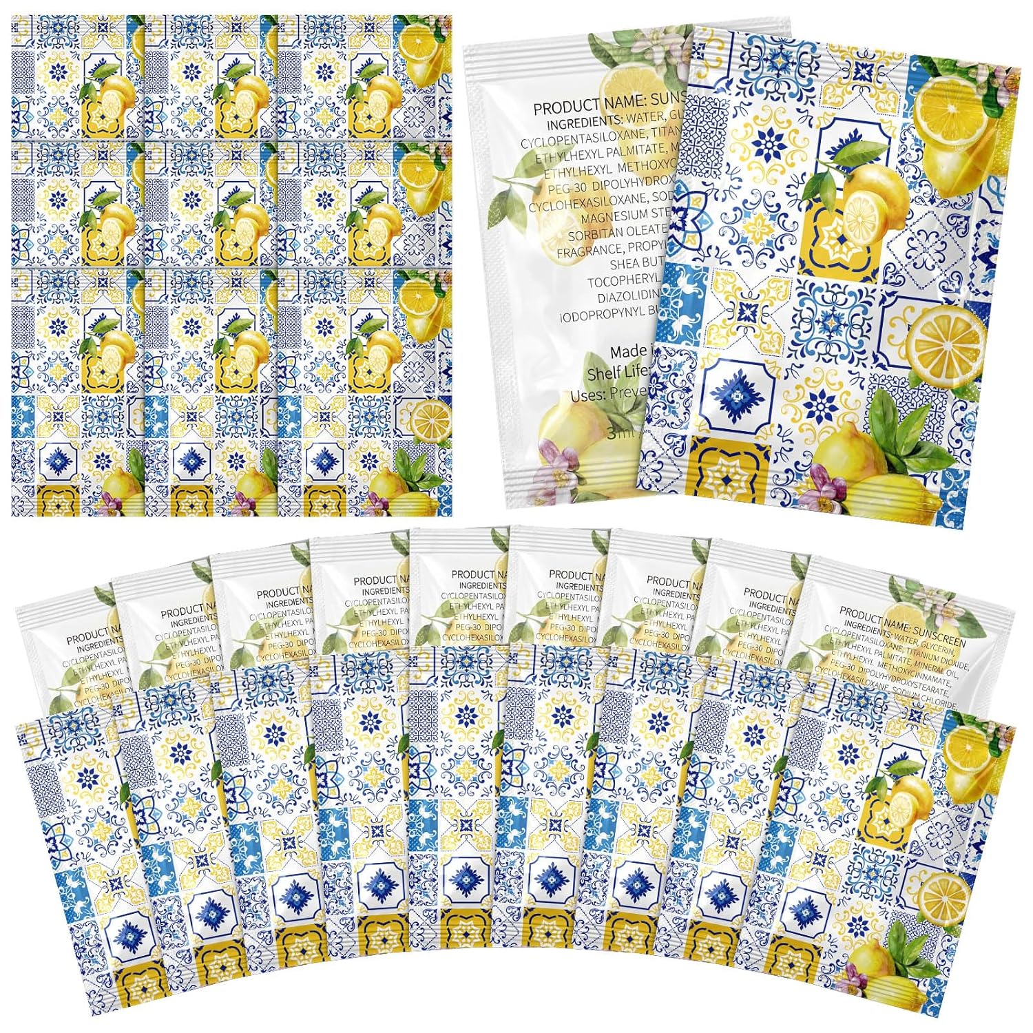 Leelosp 100 Pack Mini Sunscreen Packets Bulk Travel Size SPF 30+ for Beach Trip Vacation Essentials, Amalfi Coast Mediterranean Wedding Favors, Outdoor Summer Capri Lemon Party Gifts for Women Guests