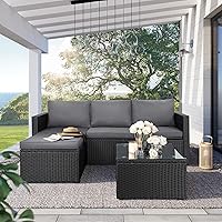 SUNLEI 3-Piece Outdoor Patio Sectional Sofa Set with Glass Table & Ottoman - All-Weather PE Rattan, Grey Cushions for Garden, Deck, Backyard