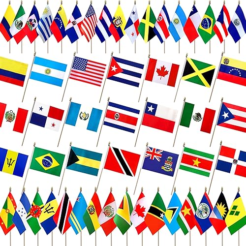 Miniatura 1 de LZXING Banderas pequeñas de 50 países del norte del sur centroamericano, pequeñas banderas latinoamericanas del Caribe latino en palo de madera, 5 x