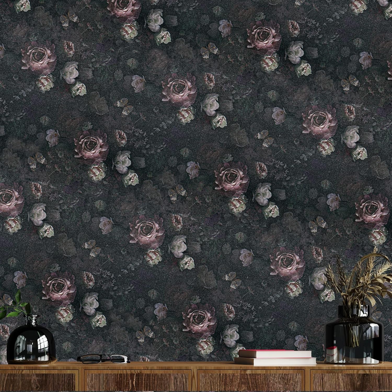 VEELIKE Vintage Dark Butterflies Peonies Wallpaper Mural 17.7''x354'' Black Floral Removable Decorative Contact Paper for Bedroom Bathroom Walls