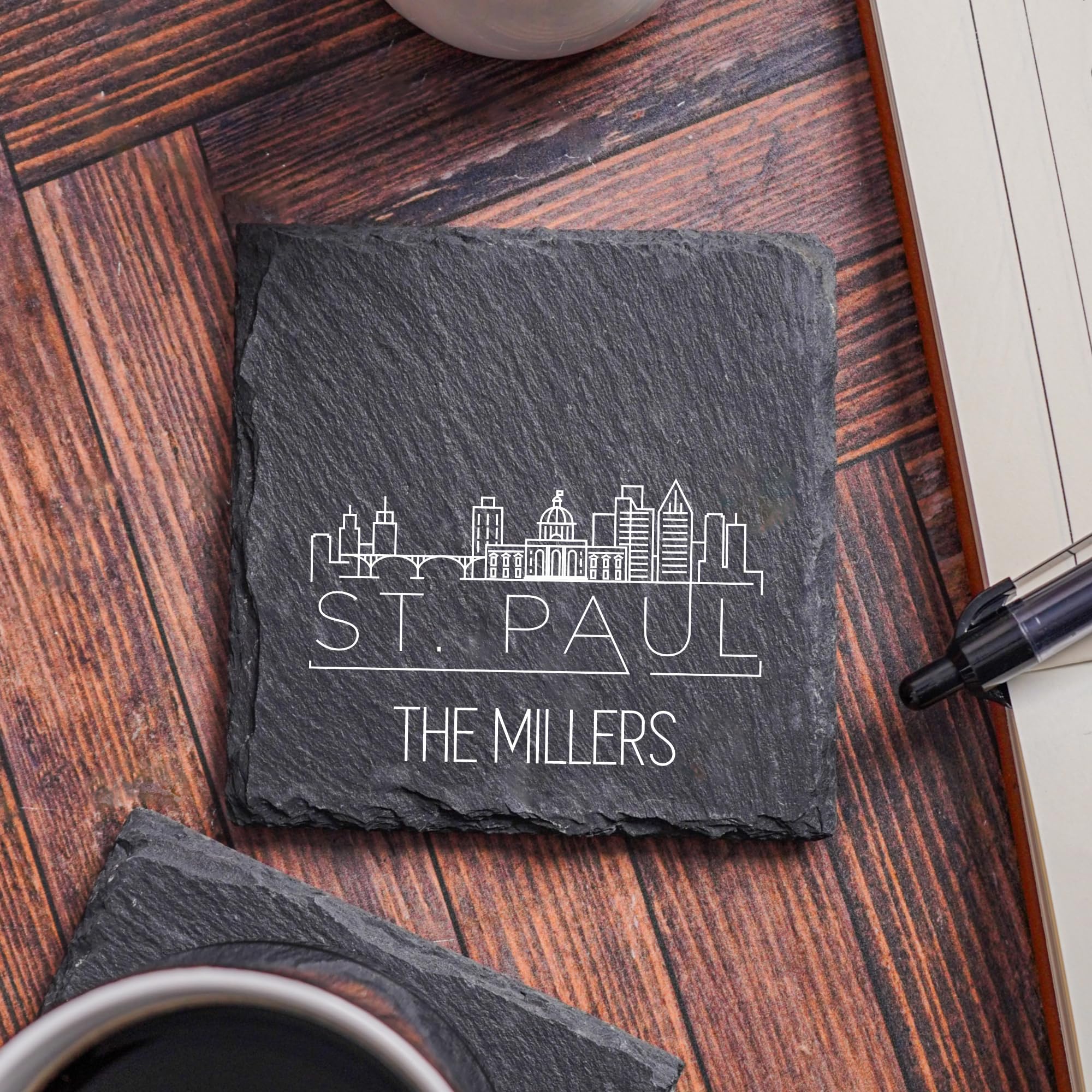 City Skyline Coasters, Set of 4 - Saint Paul MN Personalized Slate Coasters with a Contemporary Skyline Design, Customize with Names
