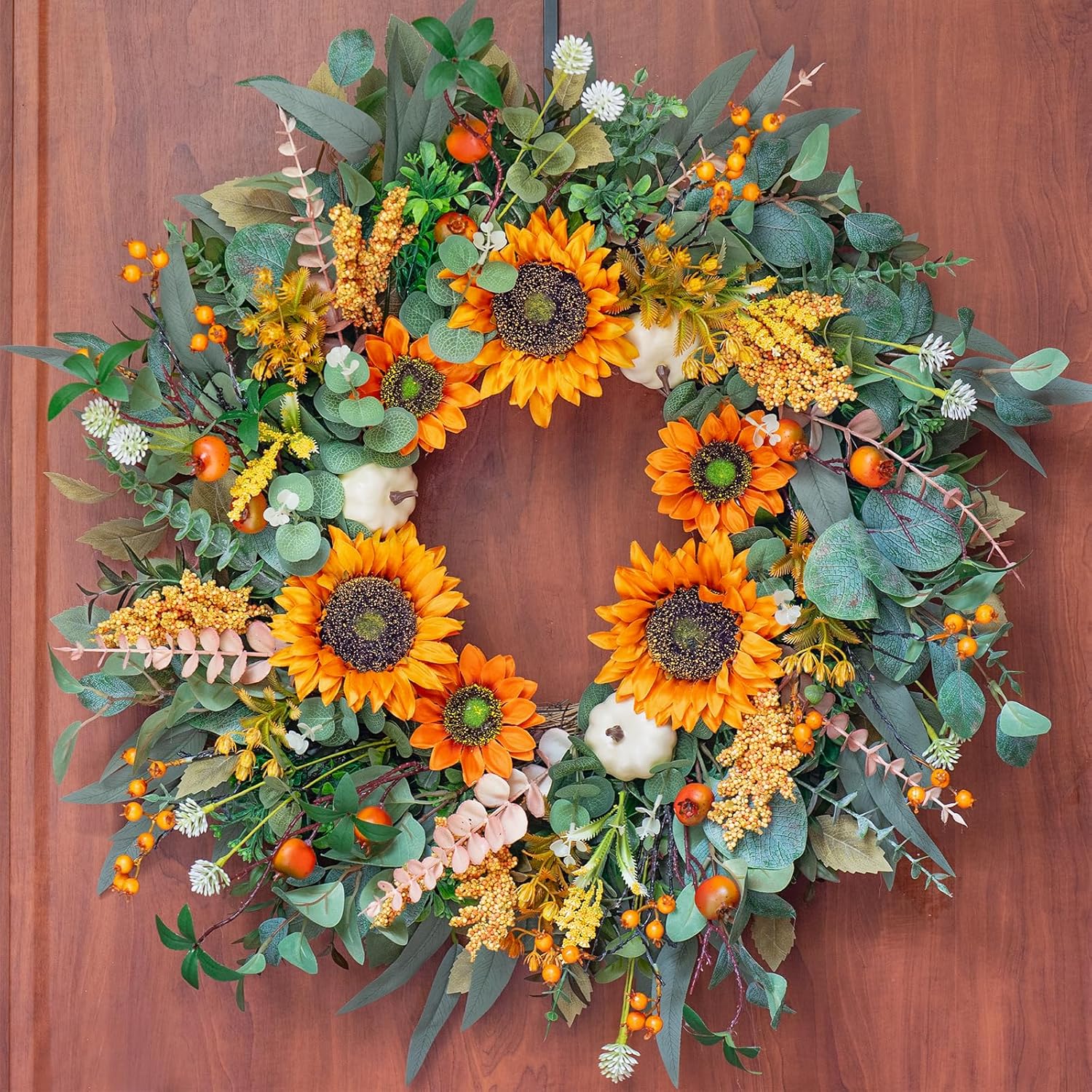 Fall Wreaths for Front Door Outside– 24 Inch Autumn Wreath with Sunflowers, Pumpkins, Boxwood Eucalyptus Leaves & Berries- Indoor Outdoor Farmhouse Home Wall Porch Fall Door Decorations