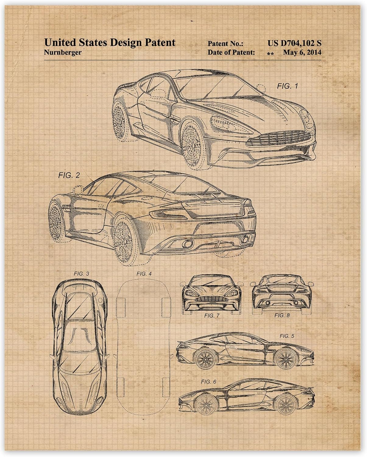 Impresiones clásicas de patentes de auto Vanquish, 1 (11 x 14) fotos sin marco, decoración de arte de pared para el hogar, equipo de Aston Martin,