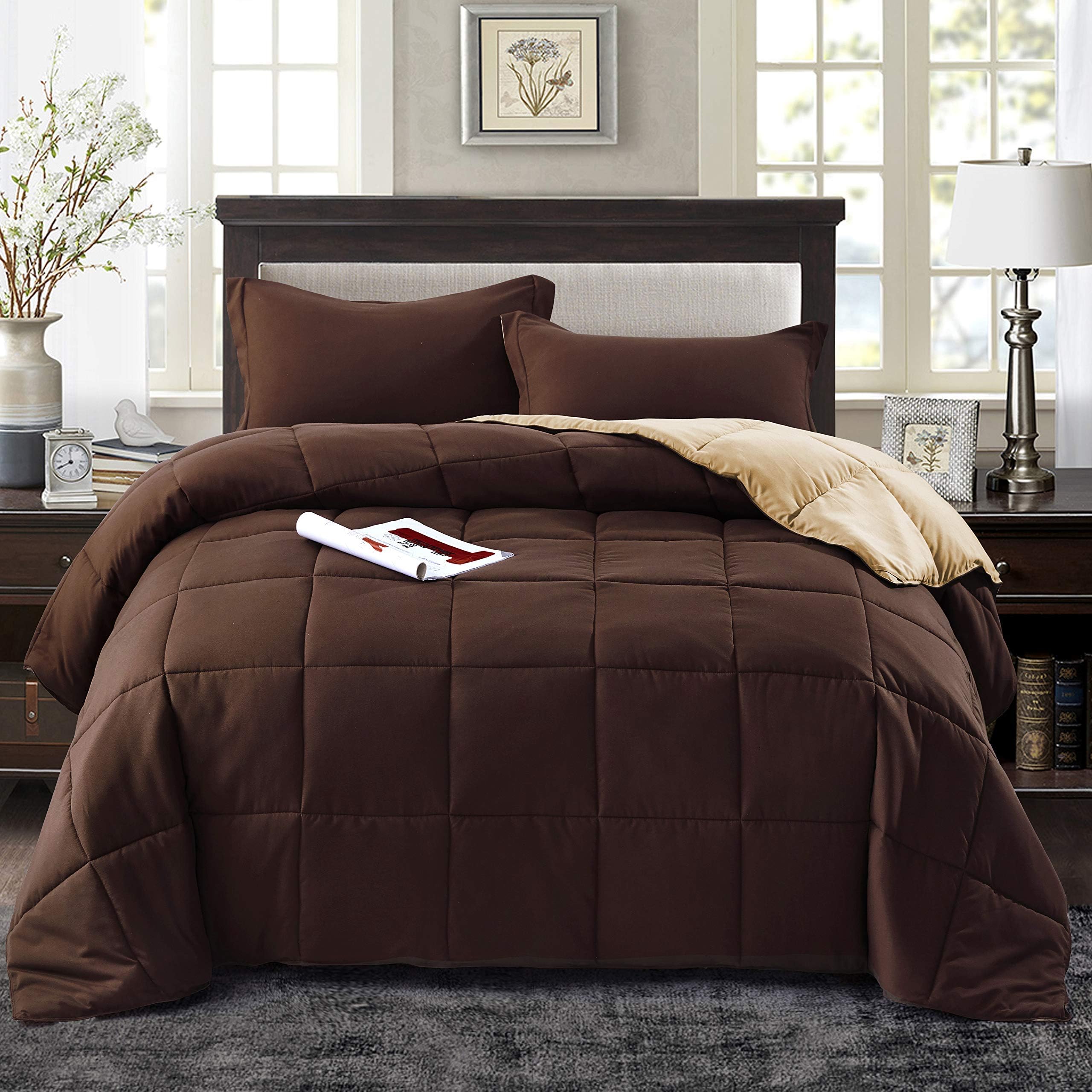 HIG 2pc Down Alternative Comforter Set - All Season Reversible Comforter with Sham - Quilted Duvet Insert with Corner Tabs -Box Stitched – Hypoallergenic, Soft, Fluffy(Twin/Twin XL, Chocolate/Taupe)