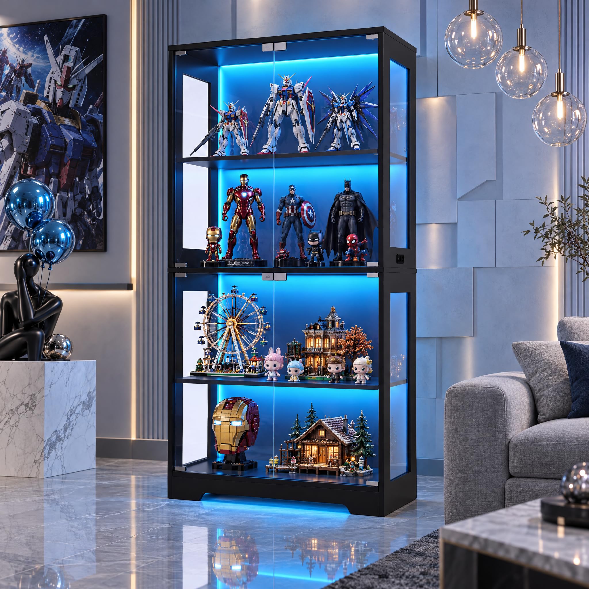 Panana 4-Tier Display Cabinet with Glass Door and 3 Color LED Light, Black