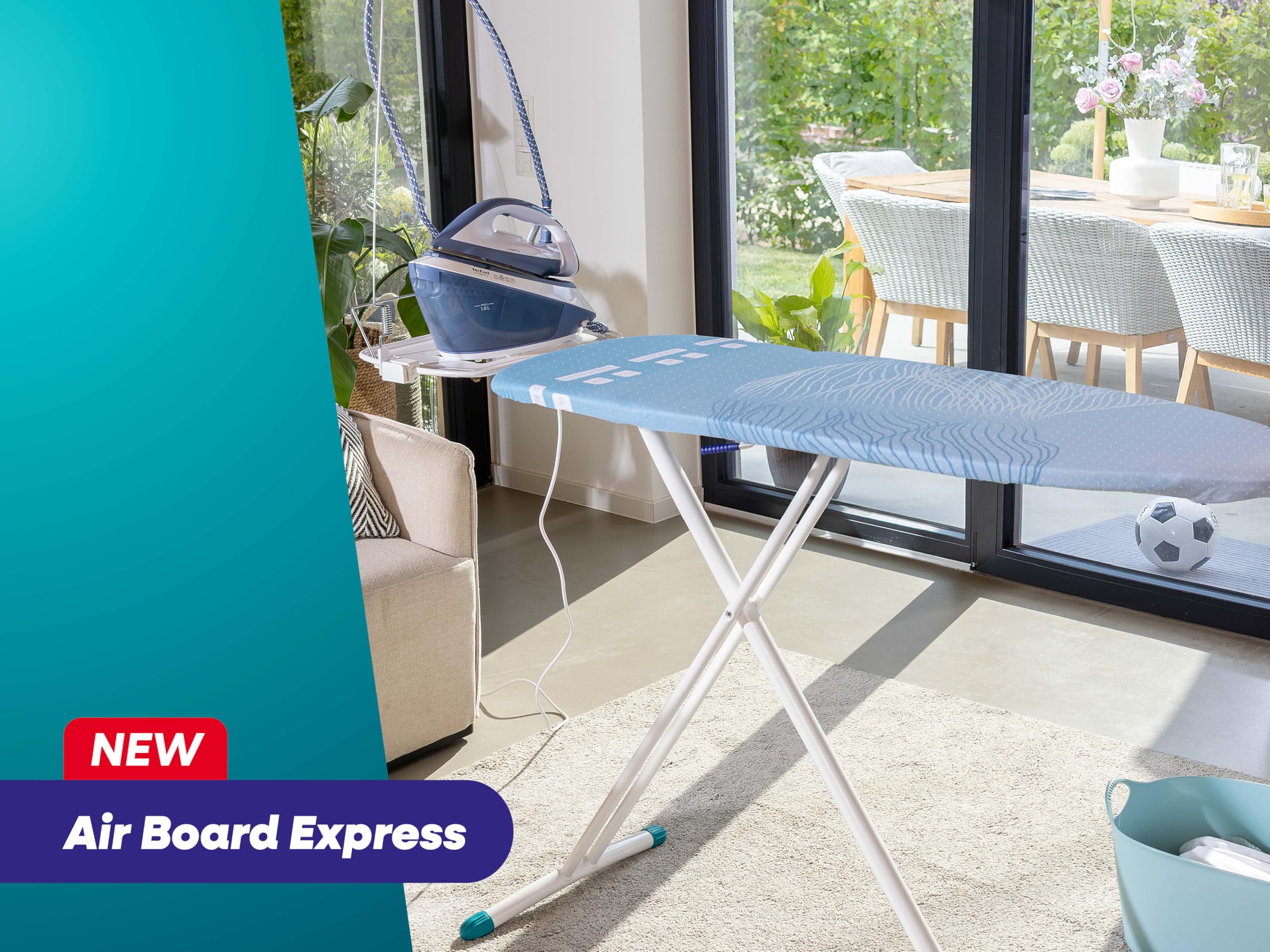 Leifheit Bügeltisch Air Board Express L Solid, Bügelfläche 130 x 38 cm, Bügelbrett höhenverstellbar 76 - 100 cm, geeignet für Dampfstationen, perforierte Baumwolle, aus Spezial-Kunststoff