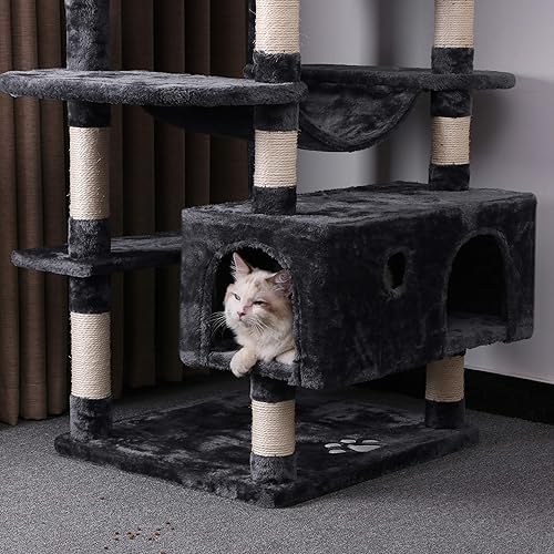 Miniatura 7 de BEWISHOME Condominio grande para árbol de gato con postes rascadores de sisal casas hamaca muebles de torre para gatos centro de actividades para