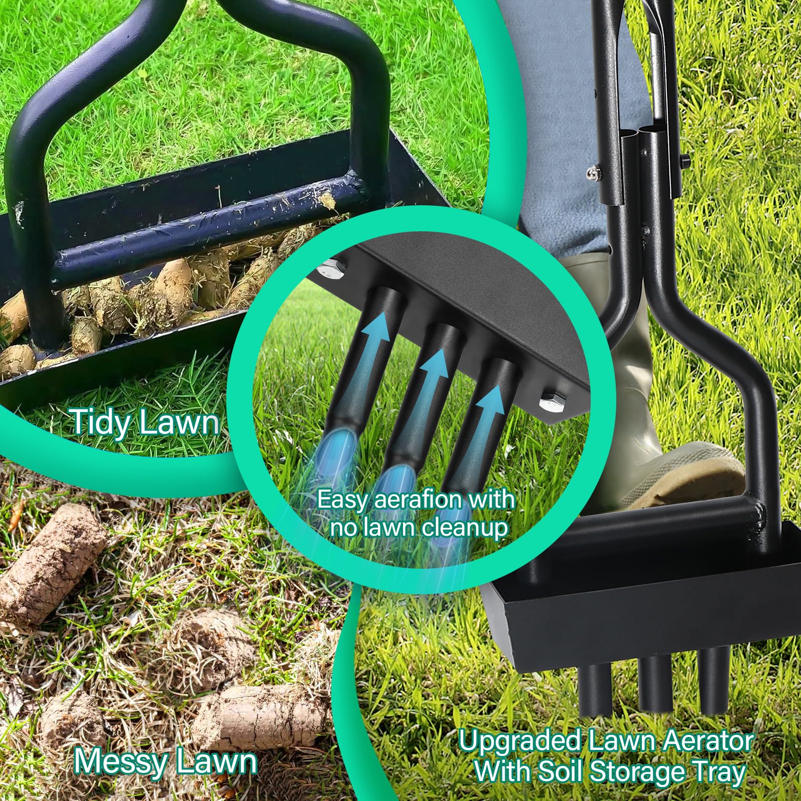 Aireador Cesped, 110cm Aireador Cesped Escarificador Cesped Manual, Aireador de Césped de Jardinería, Escarificador Cesped Manual para airear césped, Suelos con 3 Clavos de Acero Macizo de 10CM