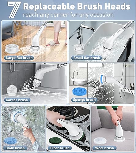 Miniatura 6 de Cepillo de limpieza eléctrico giratorio para ducha, 7 cabezales de cepillo, 2 potentes velocidades de alta velocidad, 90 minutos de tiempo de