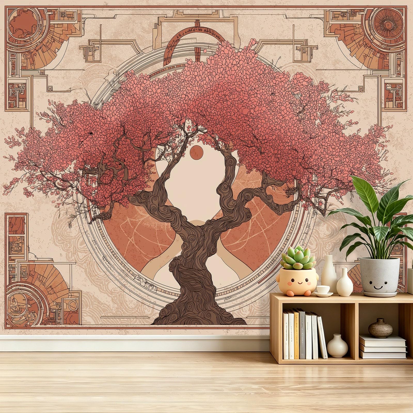 Fototapeta 400 x 280 cm ściany dekoracja salonu dorośli retro orientalne drzewo botaniczne do sypialni salonu tapeta z włókniny, kolor różowy