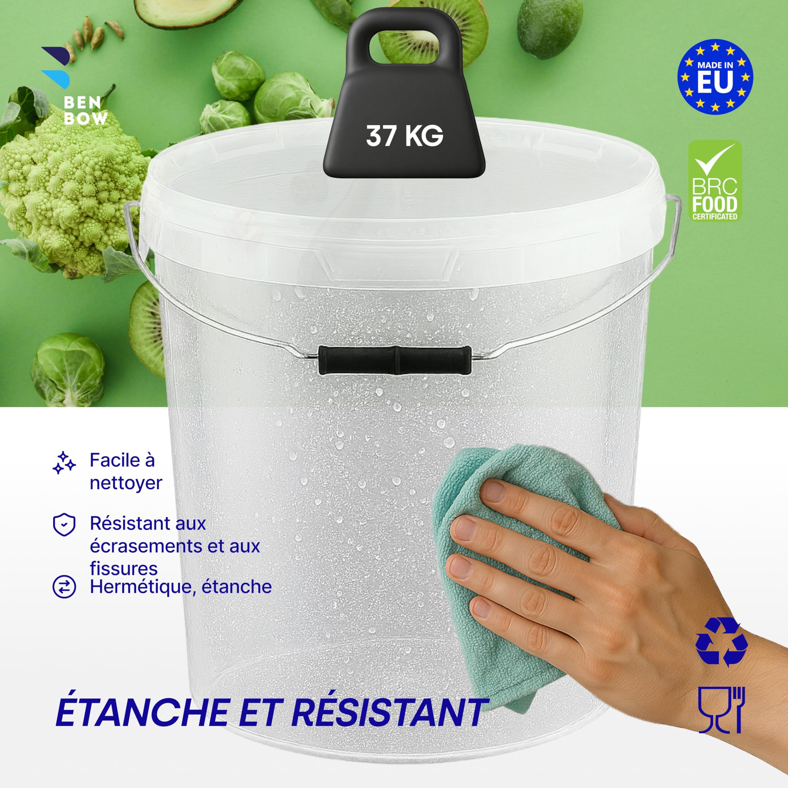 BenBow Seau avec Couvercle 30l Transparent - 5X 30l Alimentaire, Stable, étanche à l'air, Anti-Fuite, inodore - récipient de Conservation en Plastique, avec poignées - Vide